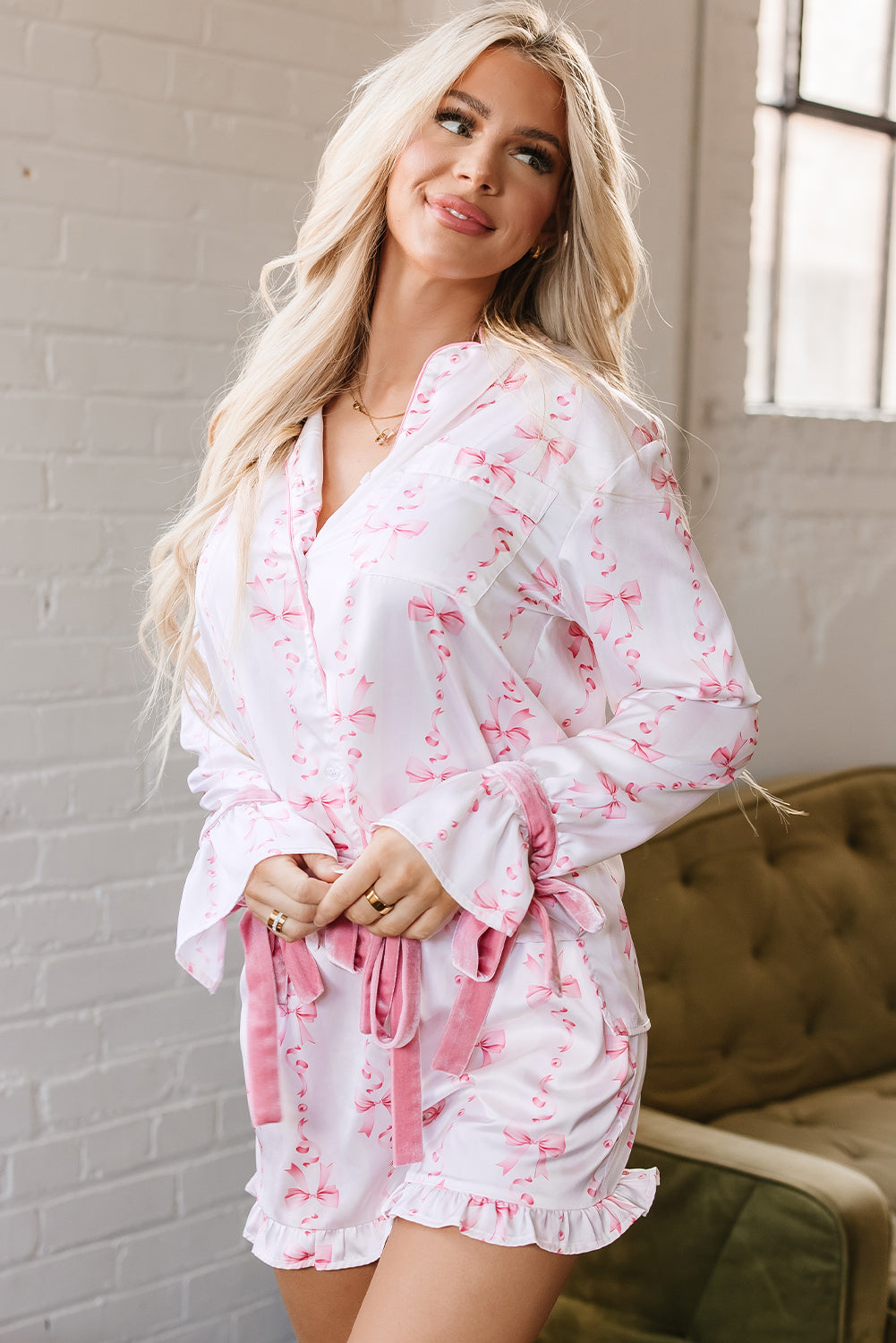Blue Zone Planet | Pink Satin Bow Bell Sleeve Shirt and Ruffled Shorts Pajama Set-Loungewear & Sleepwear/Sleepwear-[Adult]-[Female]-2022 Online Blue Zone Planet