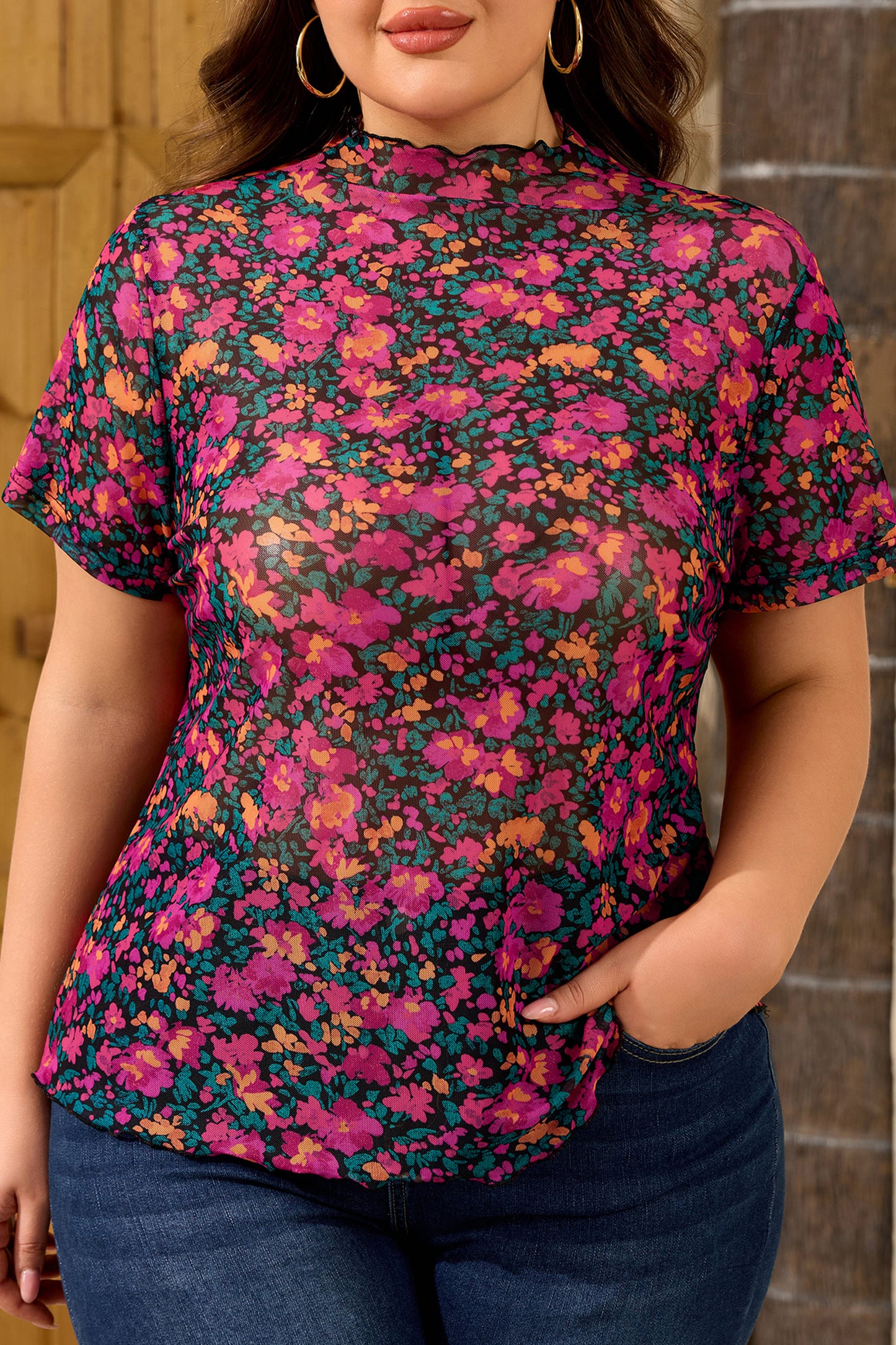 Rose Plus Size Floral Mesh Short Sleeve Top-Plus Size/Plus Size Tops/Plus Size Tops & Tees-[Adult]-[Female]-2022 Online Blue Zone Planet