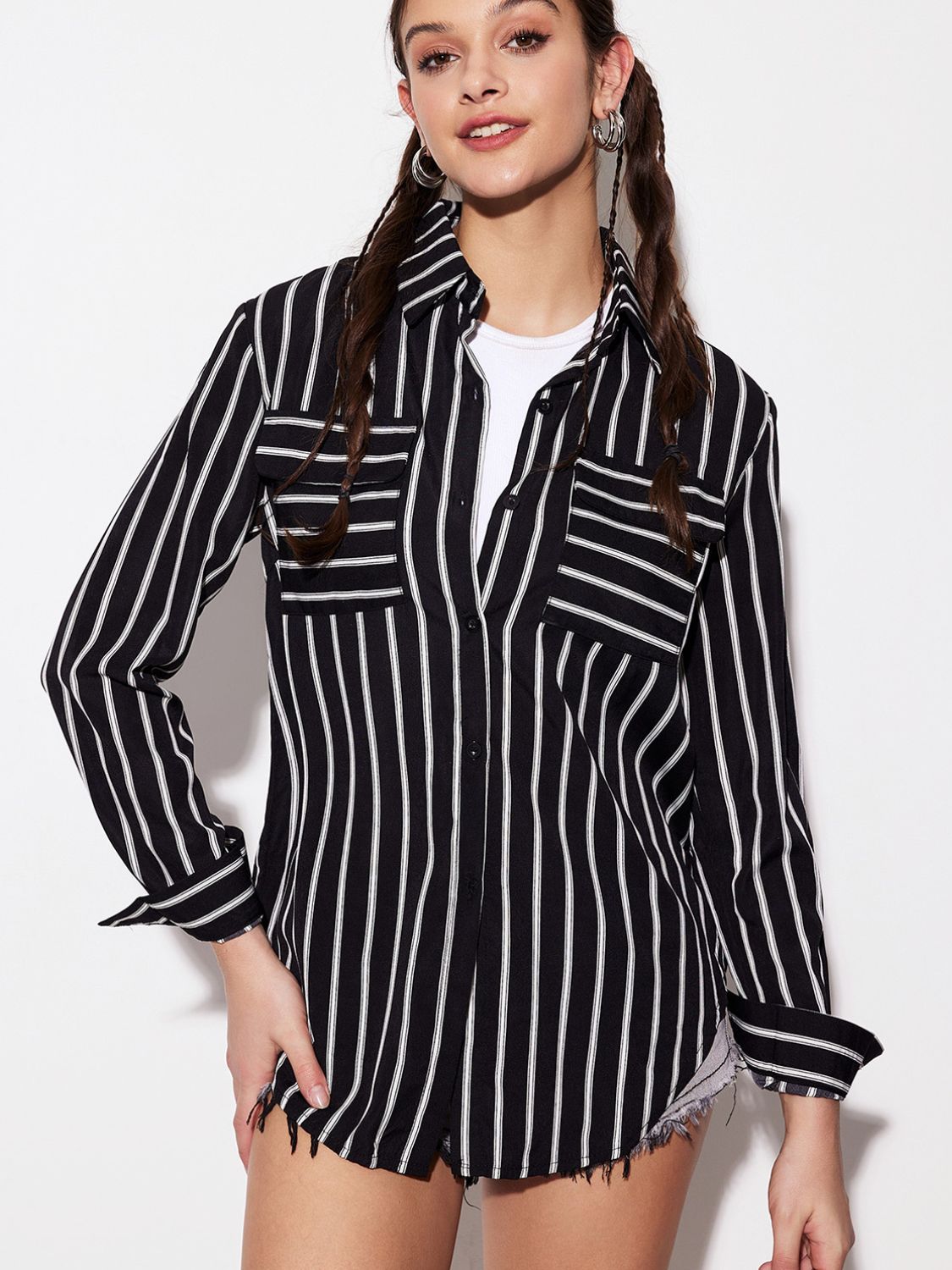 Striped Collared Neck Long Sleeve Shirt-TOPS / DRESSES-[Adult]-[Female]-2022 Online Blue Zone Planet