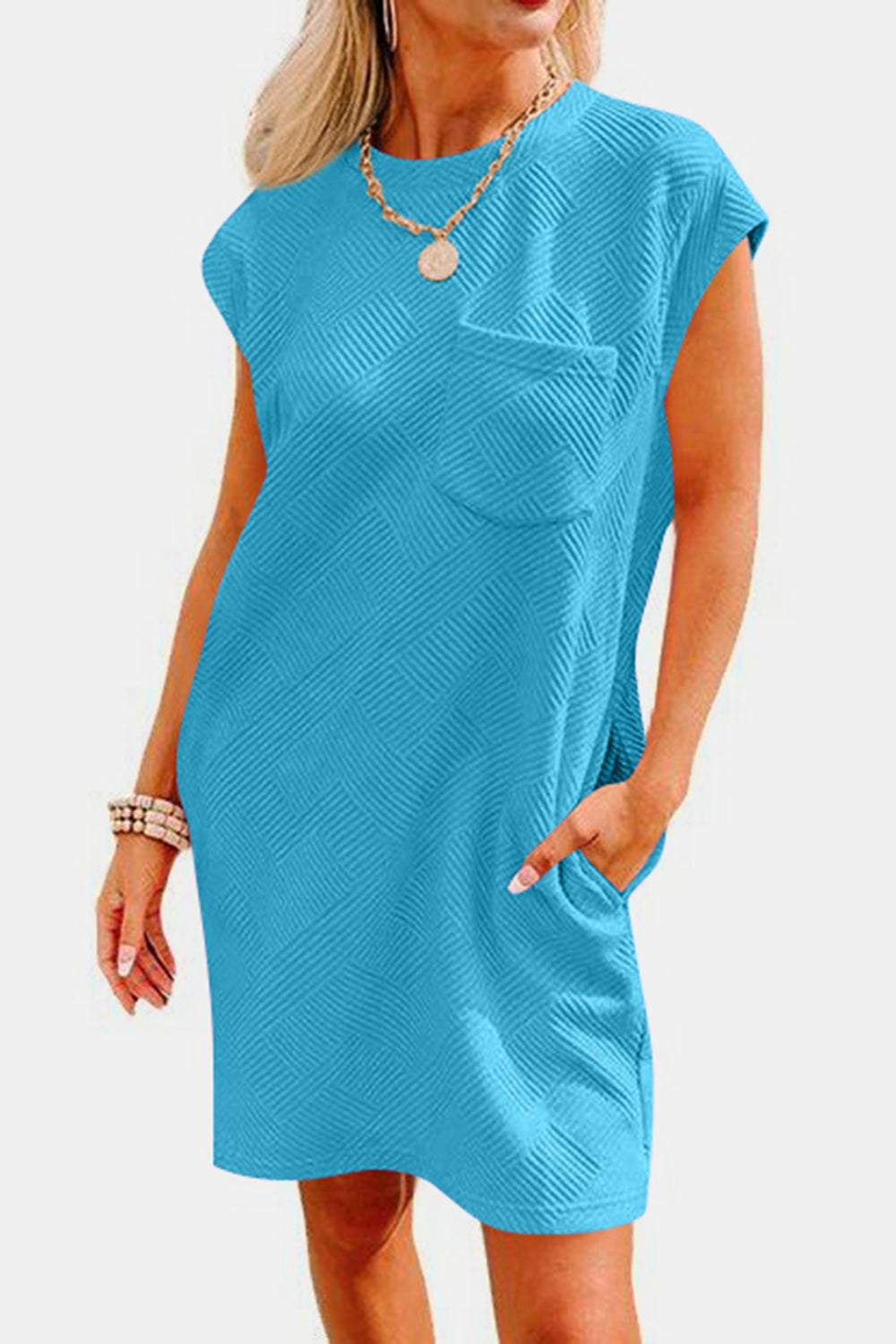 Textured Round Neck Cap Sleeve Dress BLUE ZONE PLANET