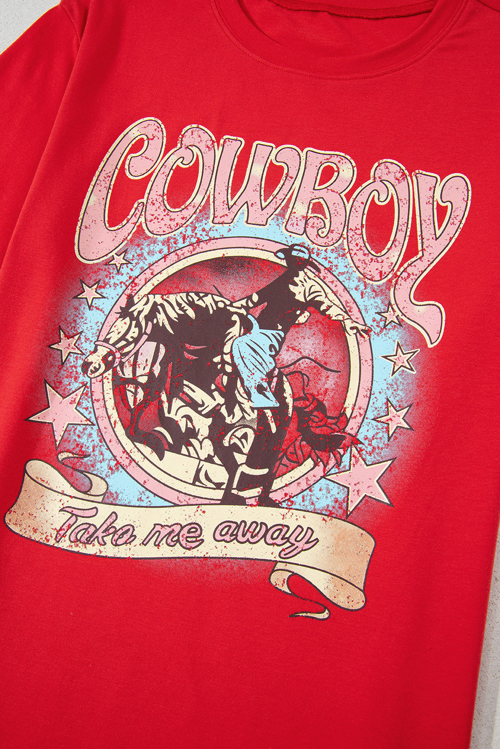 Tomato Red COWBOY Take Me Away Graphic Western Loose Tee-Graphic/Graphic Tees-[Adult]-[Female]-2022 Online Blue Zone Planet