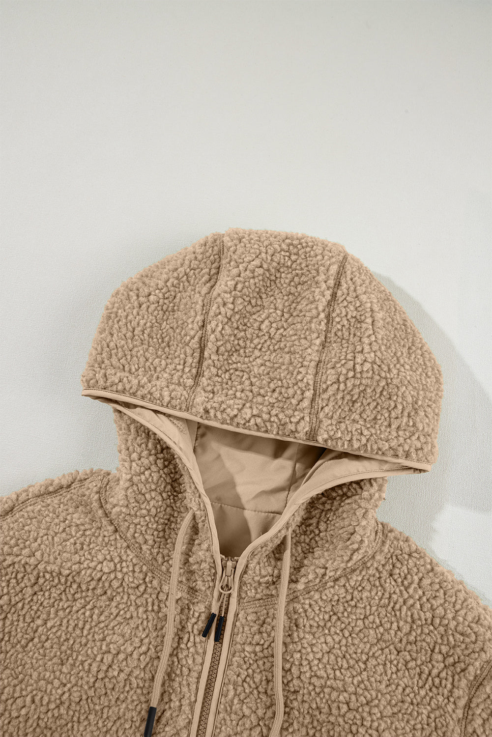 Blue Zone Planet | Pale Khaki Fleece Zip Up Drawstring Hooded Pocketed Jacket-Tops / Dresses-[Adult]-[Female]-2022 Online Blue Zone Planet