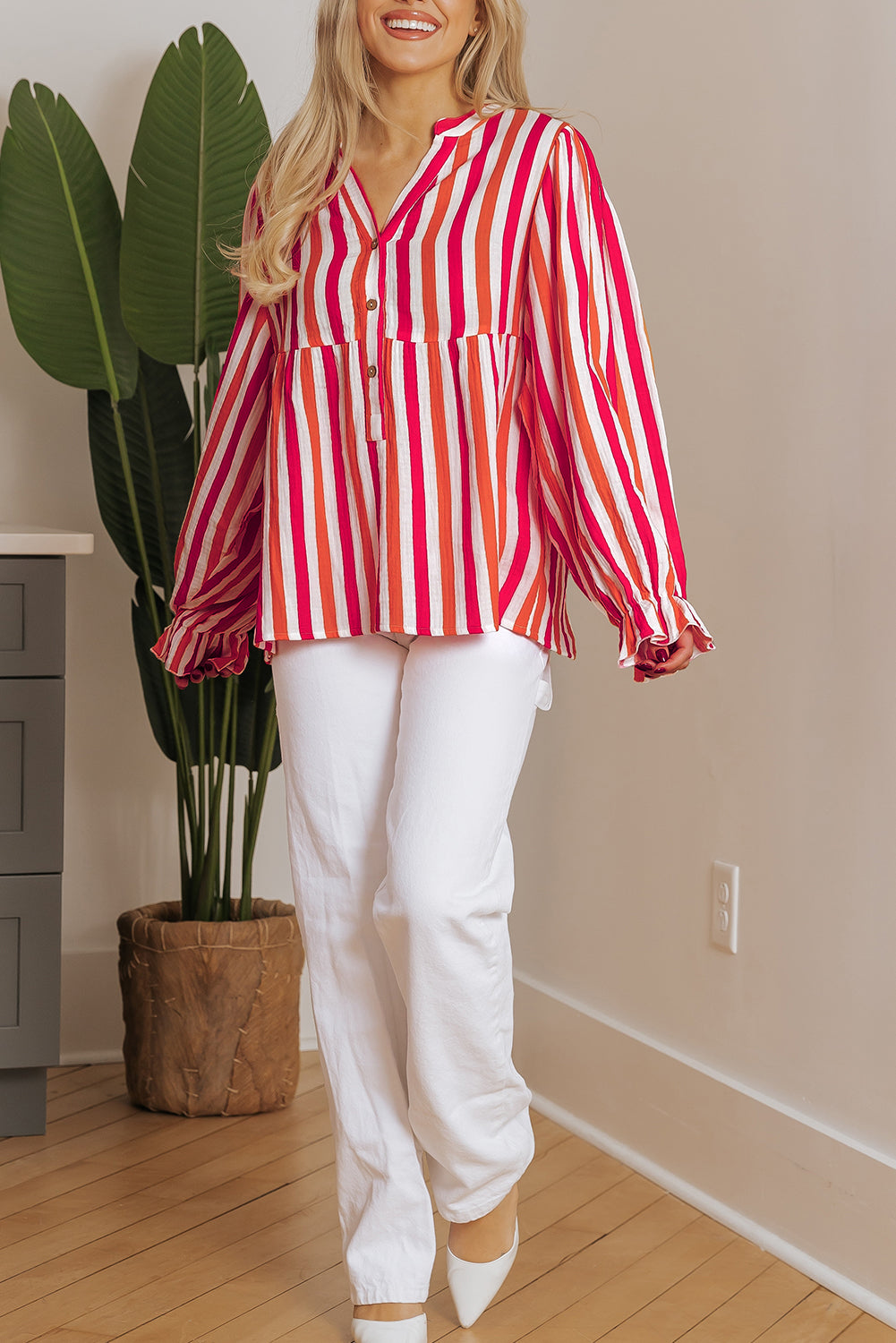 Blue Zone Planet | Orange Stripe Balloon Sleeve Notched V Neck Buttoned Front Blouse-Tops/Blouses & Shirts-[Adult]-[Female]-2022 Online Blue Zone Planet