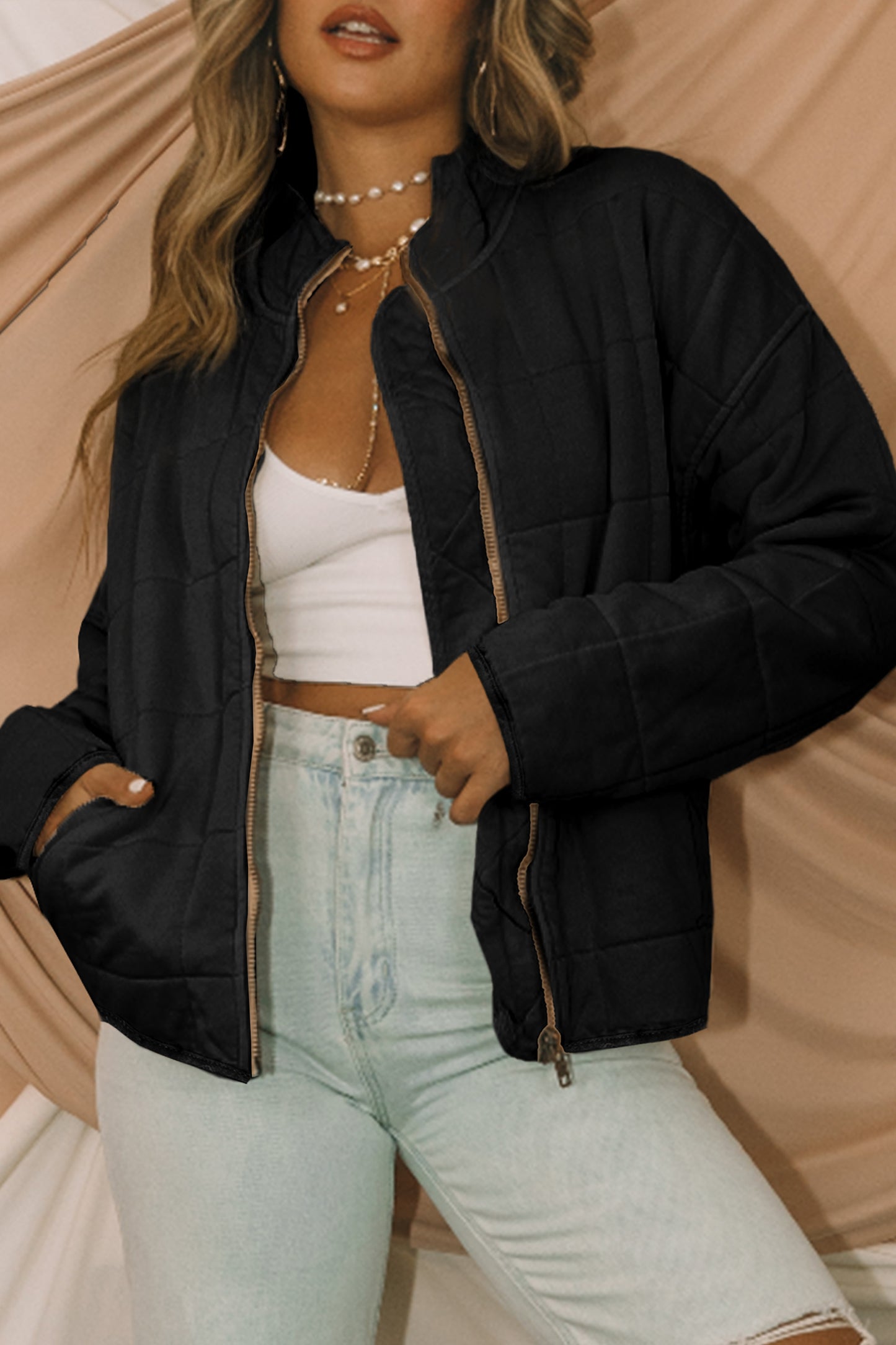 Black Zip-Up Pocket Quilted Jacket-Outerwear/Jackets-[Adult]-[Female]-Black-S-2022 Online Blue Zone Planet