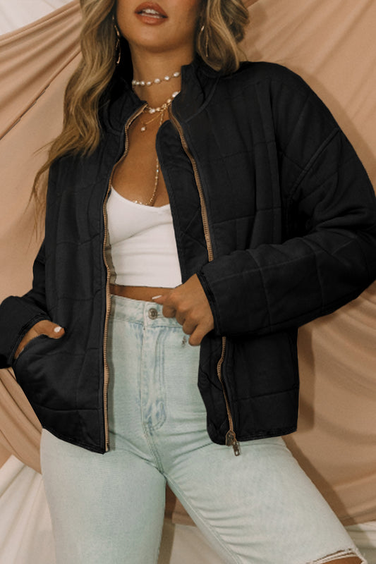 Black Zip-Up Pocket Quilted Jacket-Outerwear/Jackets-[Adult]-[Female]-Black-S-2022 Online Blue Zone Planet