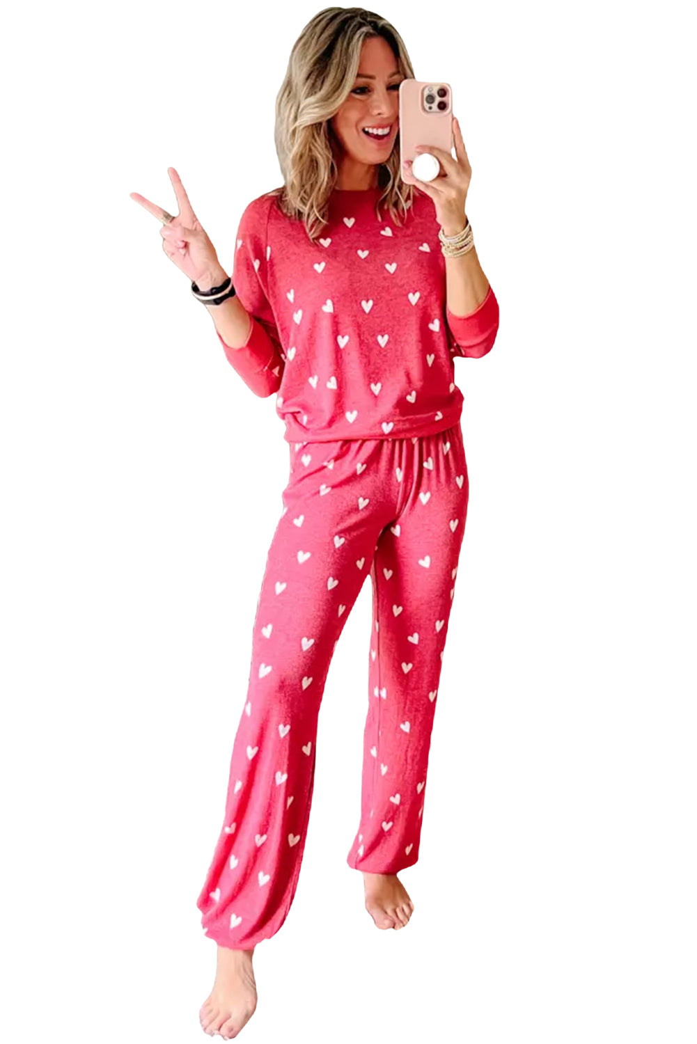 Blue Zone Planet | Red Heart Print Raglan Sleeve Top and Pants Set-Two Piece Pants Sets-[Adult]-[Female]-2022 Online Blue Zone Planet