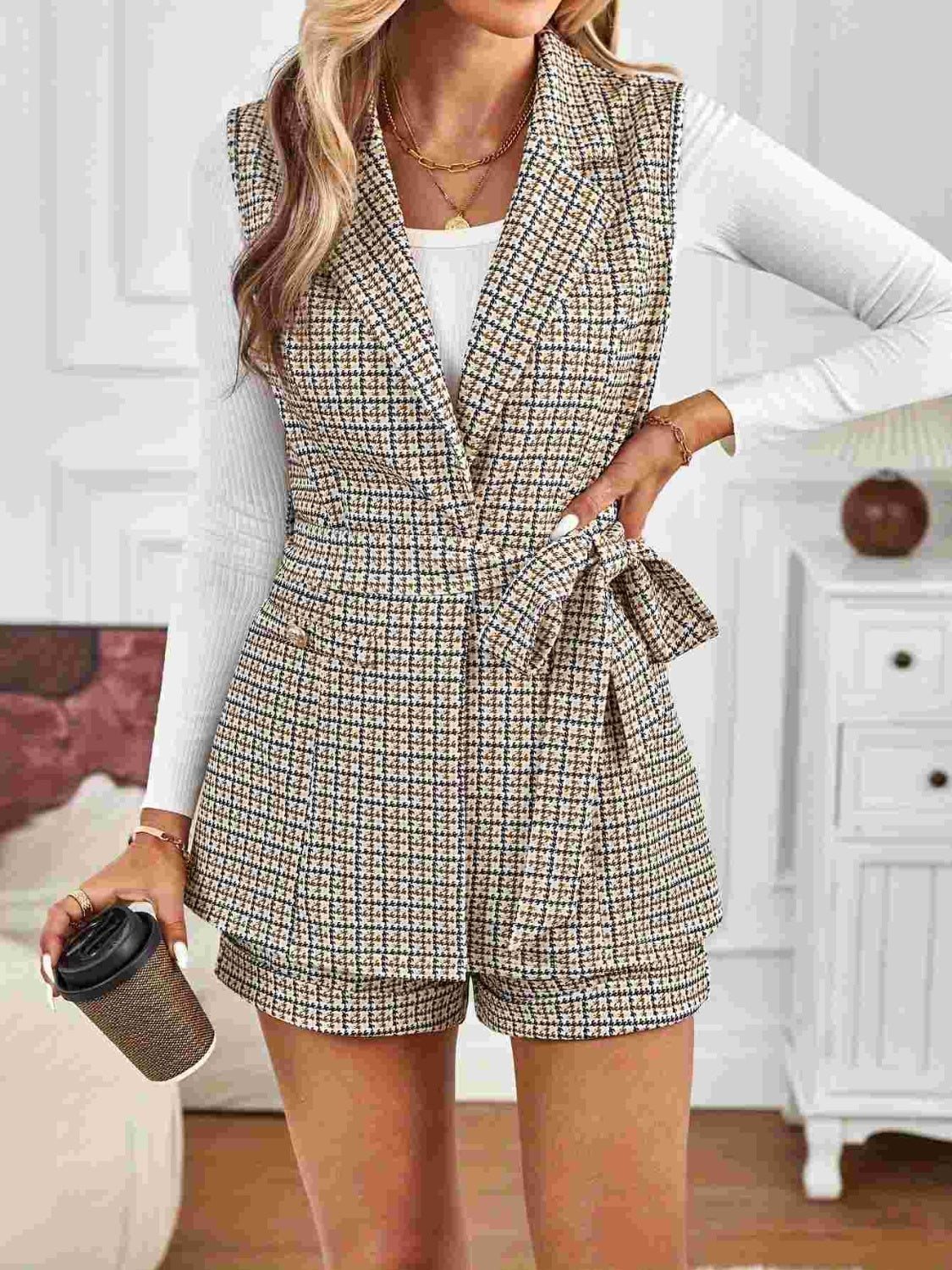 Tied Plaid Collared Neck Vest and Shorts Set-TOPS / DRESSES-[Adult]-[Female]-2022 Online Blue Zone Planet