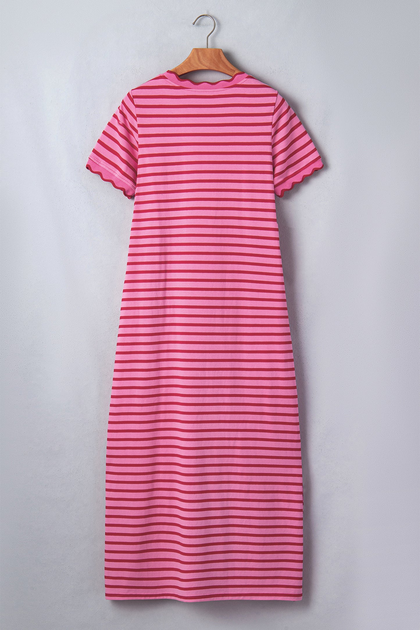 Rose Stripe Striped Short Sleeve Scalloped Trim Side Slit T-Shirt Dress-Dresses/T Shirt Dresses-[Adult]-[Female]-2022 Online Blue Zone Planet
