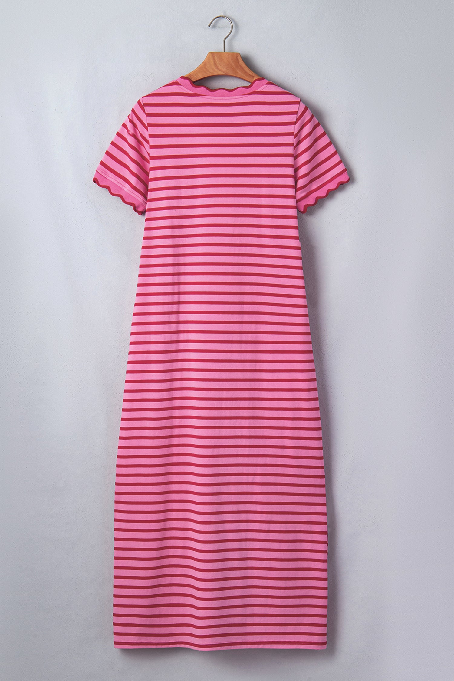 Rose Stripe Striped Short Sleeve Scalloped Trim Side Slit T-Shirt Dress-Dresses/T Shirt Dresses-[Adult]-[Female]-2022 Online Blue Zone Planet