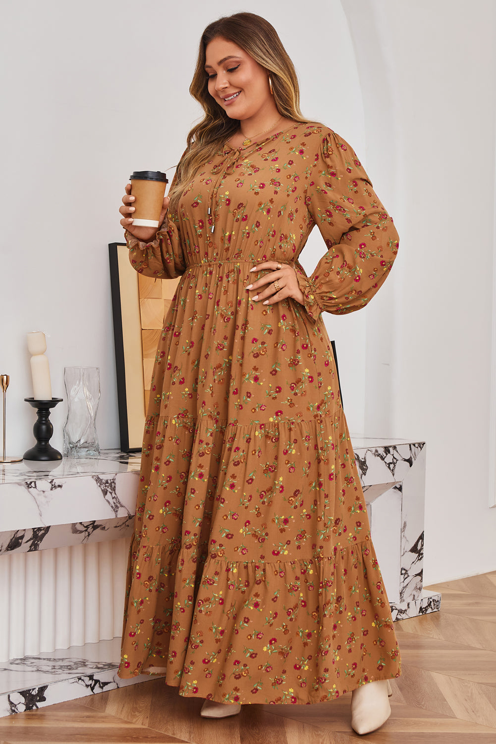 Brown Plus Size Floral Split V Neck Ruffled Sleeve Tiered Maxi Dress-TOPS / DRESSES-[Adult]-[Female]-2022 Online Blue Zone Planet