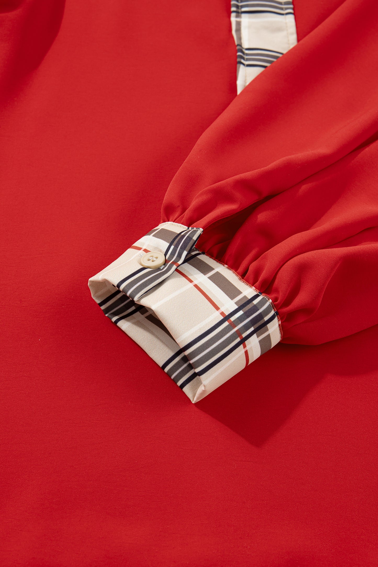 Racing Red Contrast Plaid Patchwork V Neck Long Sleeve Blouse-Tops/Blouses & Shirts-[Adult]-[Female]-2022 Online Blue Zone Planet