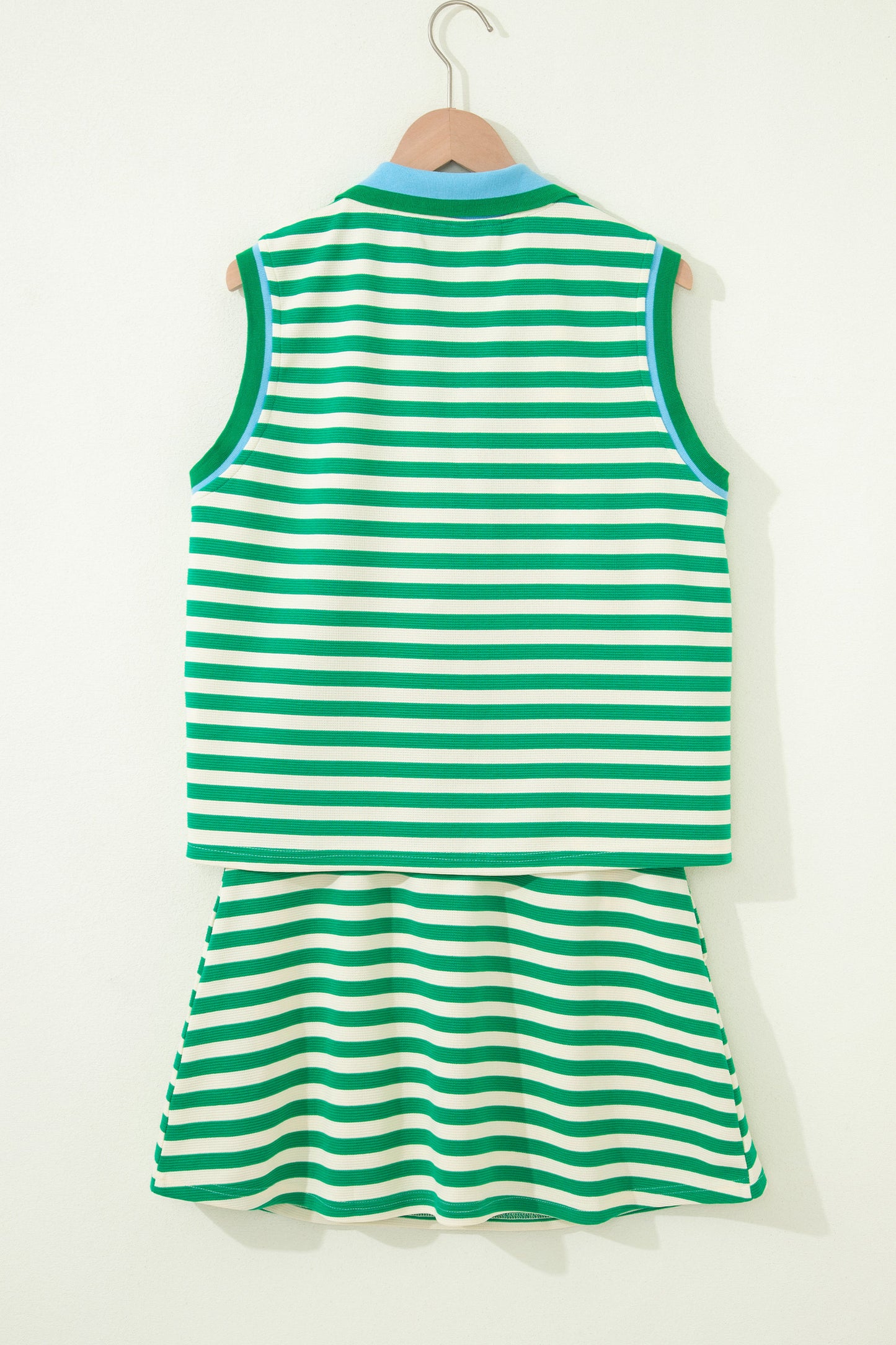 Bright Green Textured Stripe Print Contrast Trim Zip Collar Sleeveless 2pcs Skort Set-Two Piece Sets/Two Piece Dresses-[Adult]-[Female]-2022 Online Blue Zone Planet
