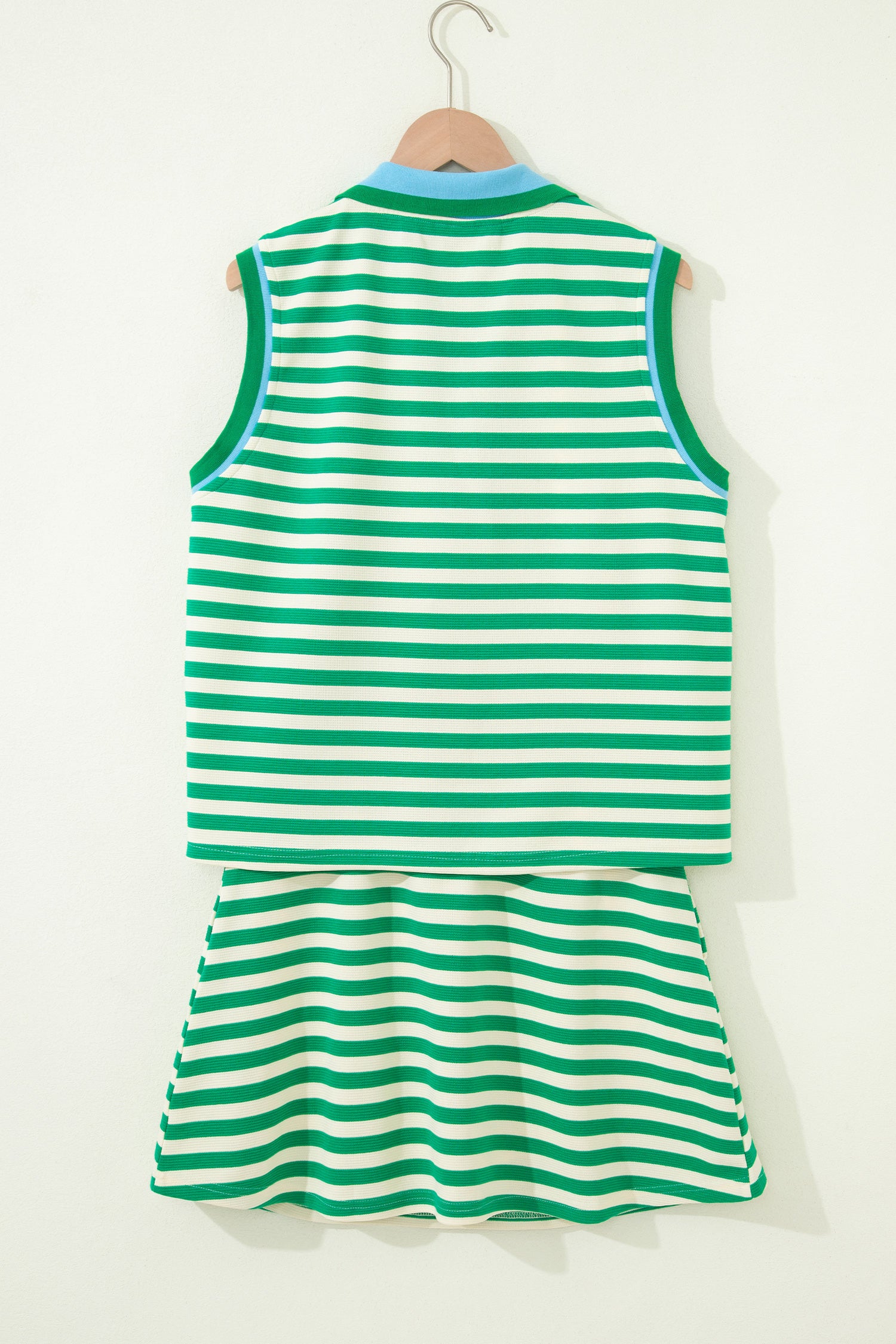 Bright Green Textured Stripe Print Contrast Trim Zip Collar Sleeveless 2pcs Skort Set-Two Piece Sets/Two Piece Dresses-[Adult]-[Female]-2022 Online Blue Zone Planet