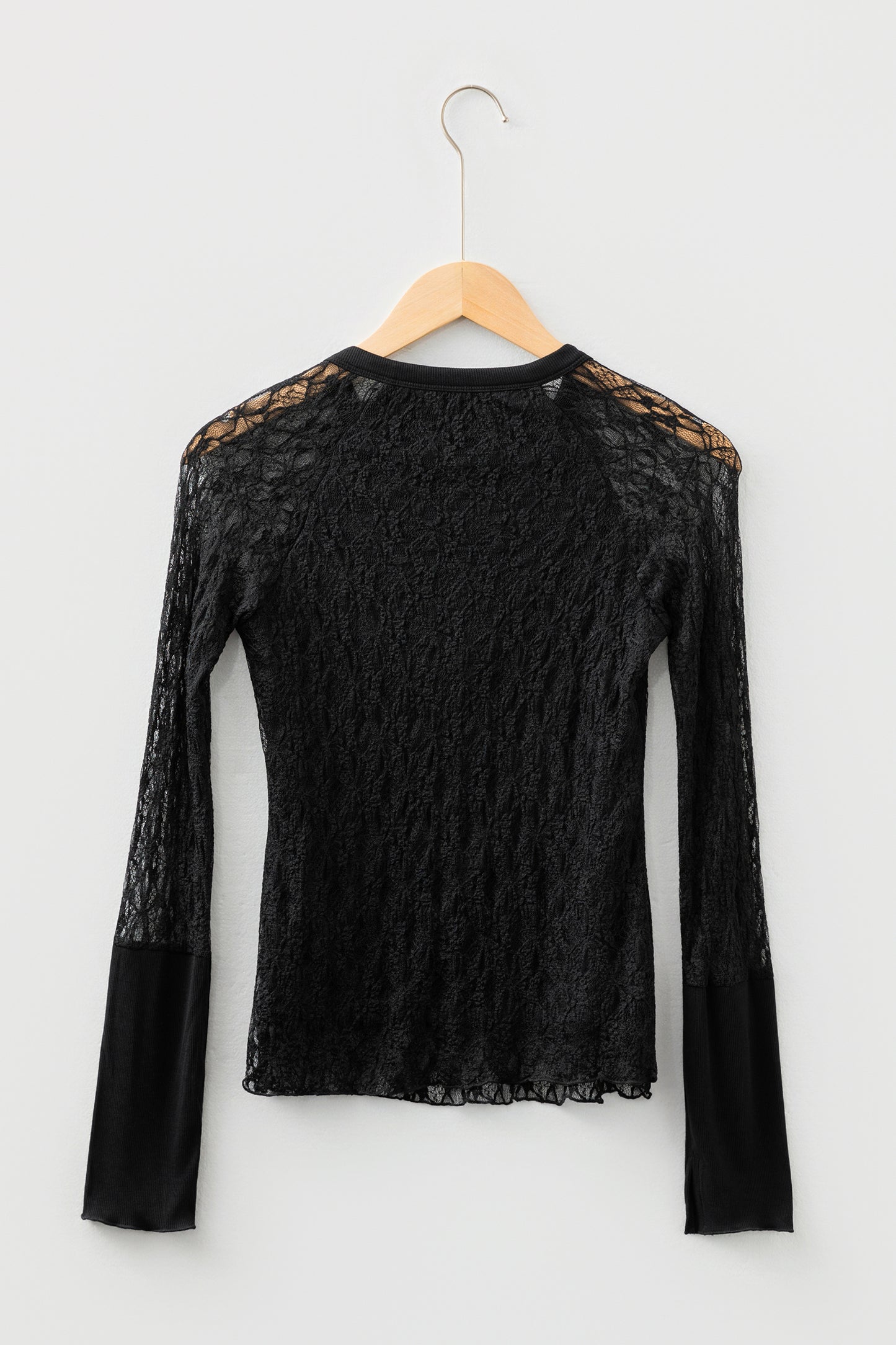 Black Sheer Lace Long Sleeve Slim Henley Top-Tops/Long Sleeve Tops-[Adult]-[Female]-2022 Online Blue Zone Planet