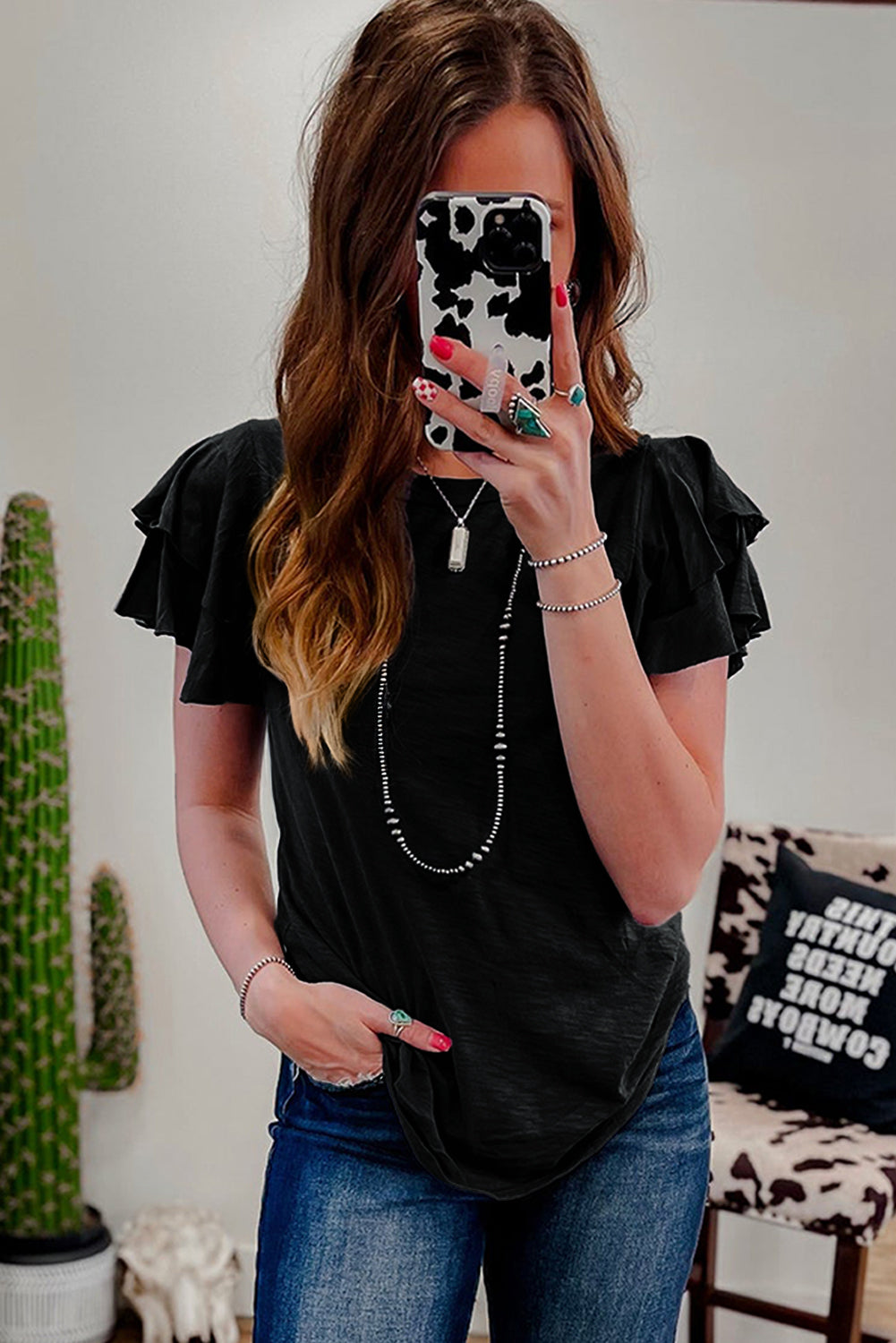 Black Layered Ruffle Short Sleeve Round Neck Top-Tops/Tops & Tees-[Adult]-[Female]-2022 Online Blue Zone Planet