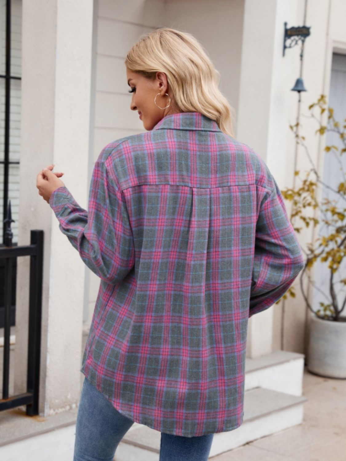 Blue Zone Planet | Pocketed Plaid Collared Neck Long Sleeve Shirt-TOPS / DRESSES-[Adult]-[Female]-2022 Online Blue Zone Planet