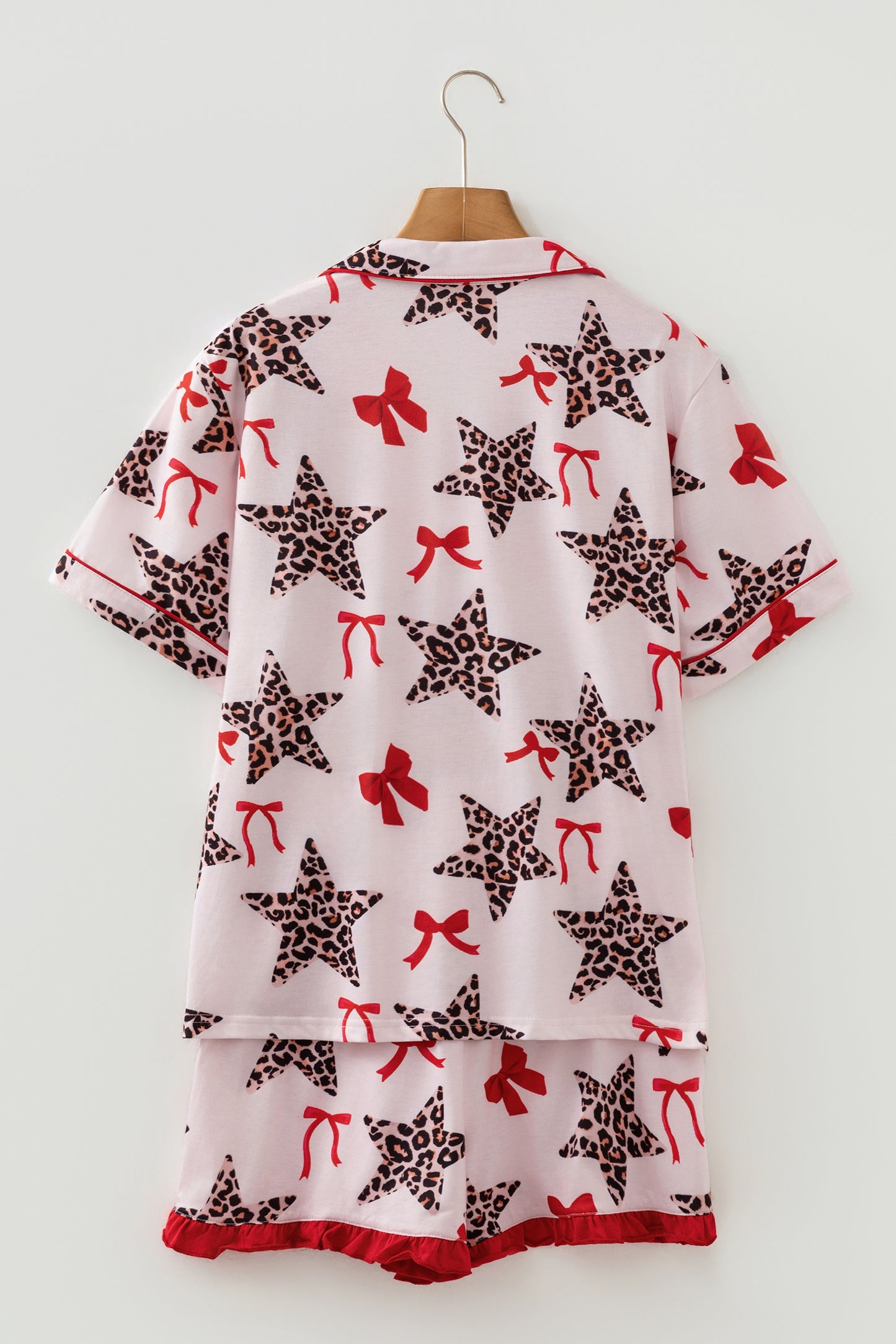 White Leopard Star Ribbon Bow Print Contrast Trim Short Pajama Set-Loungewear & Sleepwear/Sleepwear-[Adult]-[Female]-2022 Online Blue Zone Planet