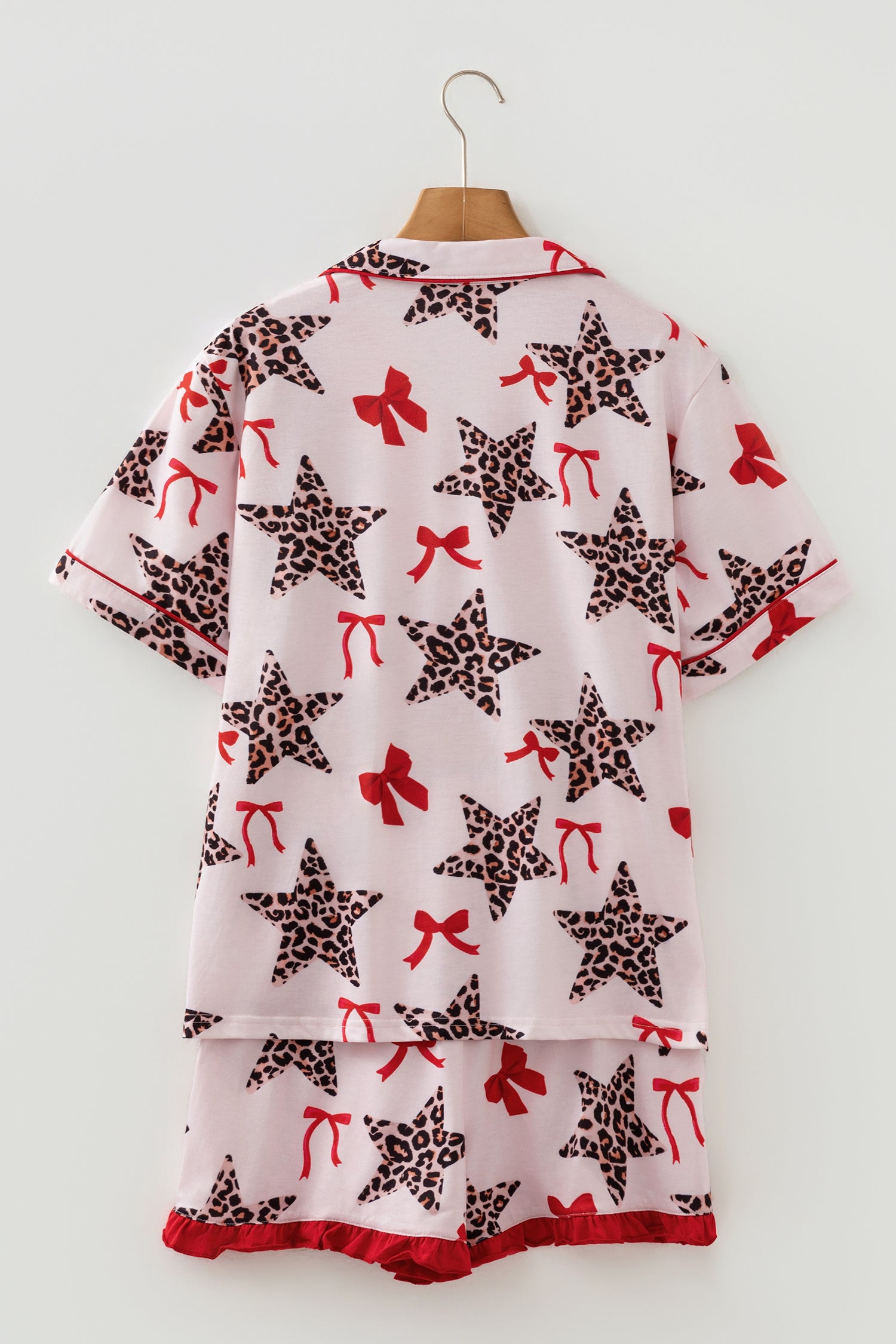 White Leopard Star Ribbon Bow Print Contrast Trim Short Pajama Set-Loungewear & Sleepwear/Sleepwear-[Adult]-[Female]-2022 Online Blue Zone Planet
