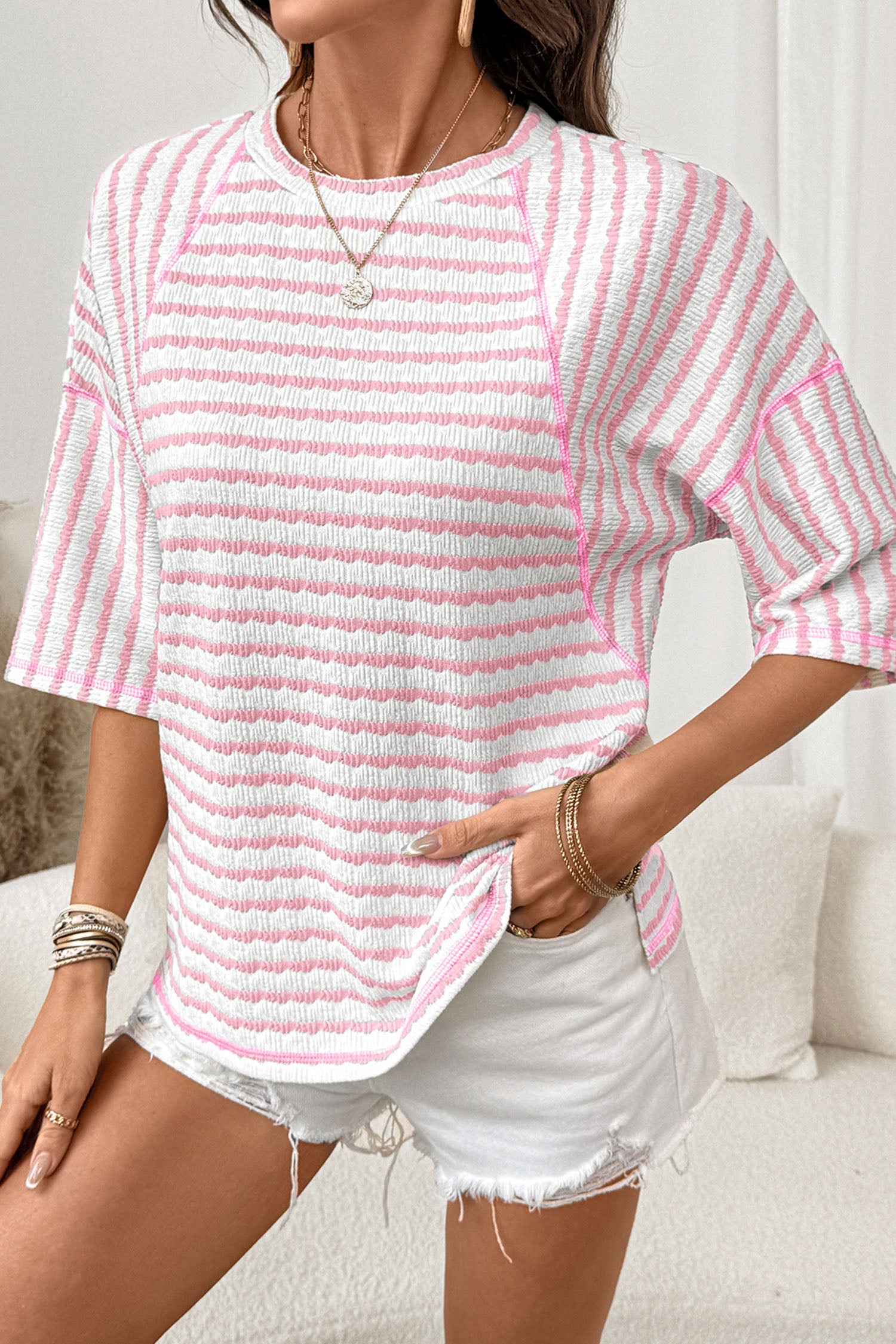 Pink Stripe Textured Knit Split Hem Half Sleeve Loose Top-Tops/Tops & Tees-[Adult]-[Female]-2022 Online Blue Zone Planet