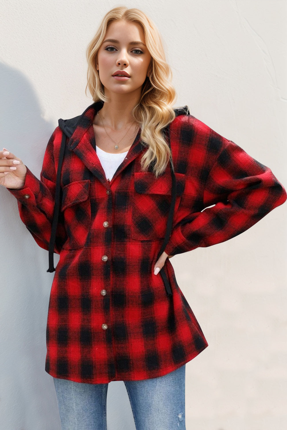 Blue Zone Planet | Drawstring Plaid Long Sleeve Hooded Shacket-TOPS / DRESSES-[Adult]-[Female]-Deep Red-2XL-2022 Online Blue Zone Planet