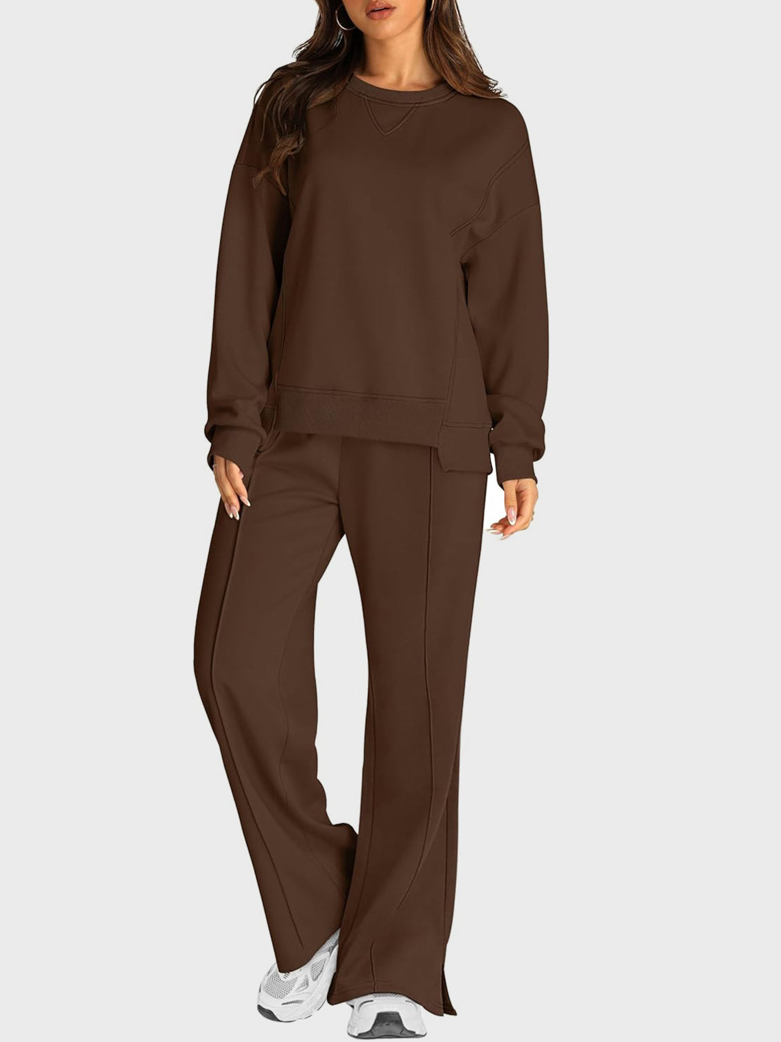 Round Neck Long Sleeve Top and Slit Pants Set-TOPS / DRESSES-[Adult]-[Female]-Brown-S-2022 Online Blue Zone Planet