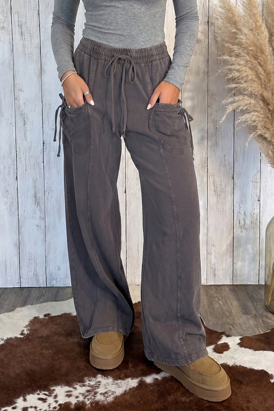 Dark Brown Cotton Mineral Wash Elastic Waist Drawstring Tie Detail Cargo Pants-Bottoms/Pants & Culotte-[Adult]-[Female]-Dark Brown-S-2022 Online Blue Zone Planet