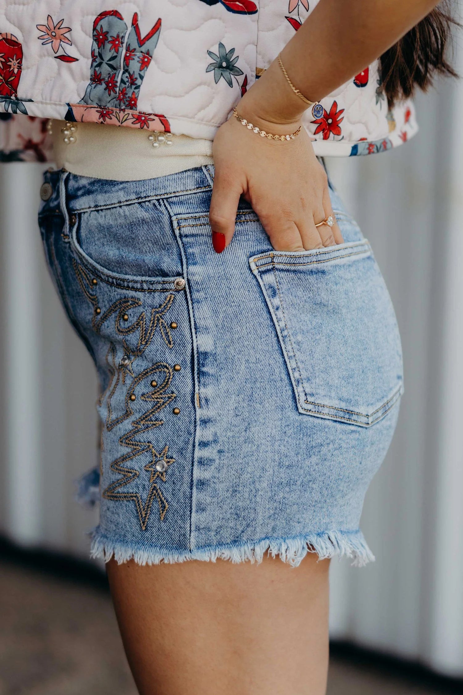 Dusk Blue Western Embroidery Stud Denim Shorts Summer Daily Wear-Bottoms/Denim Shorts-[Adult]-[Female]-2022 Online Blue Zone Planet