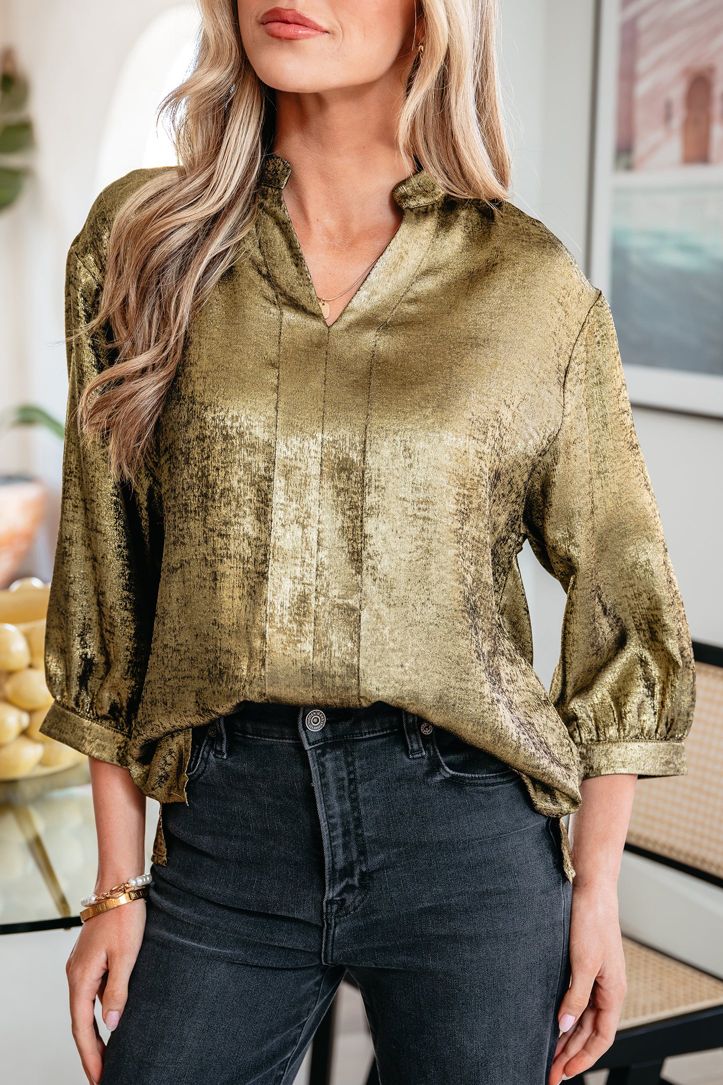 Gold Metallic Split Neck Half Sleeve Blouse-Tops/Blouses & Shirts-[Adult]-[Female]-2022 Online Blue Zone Planet