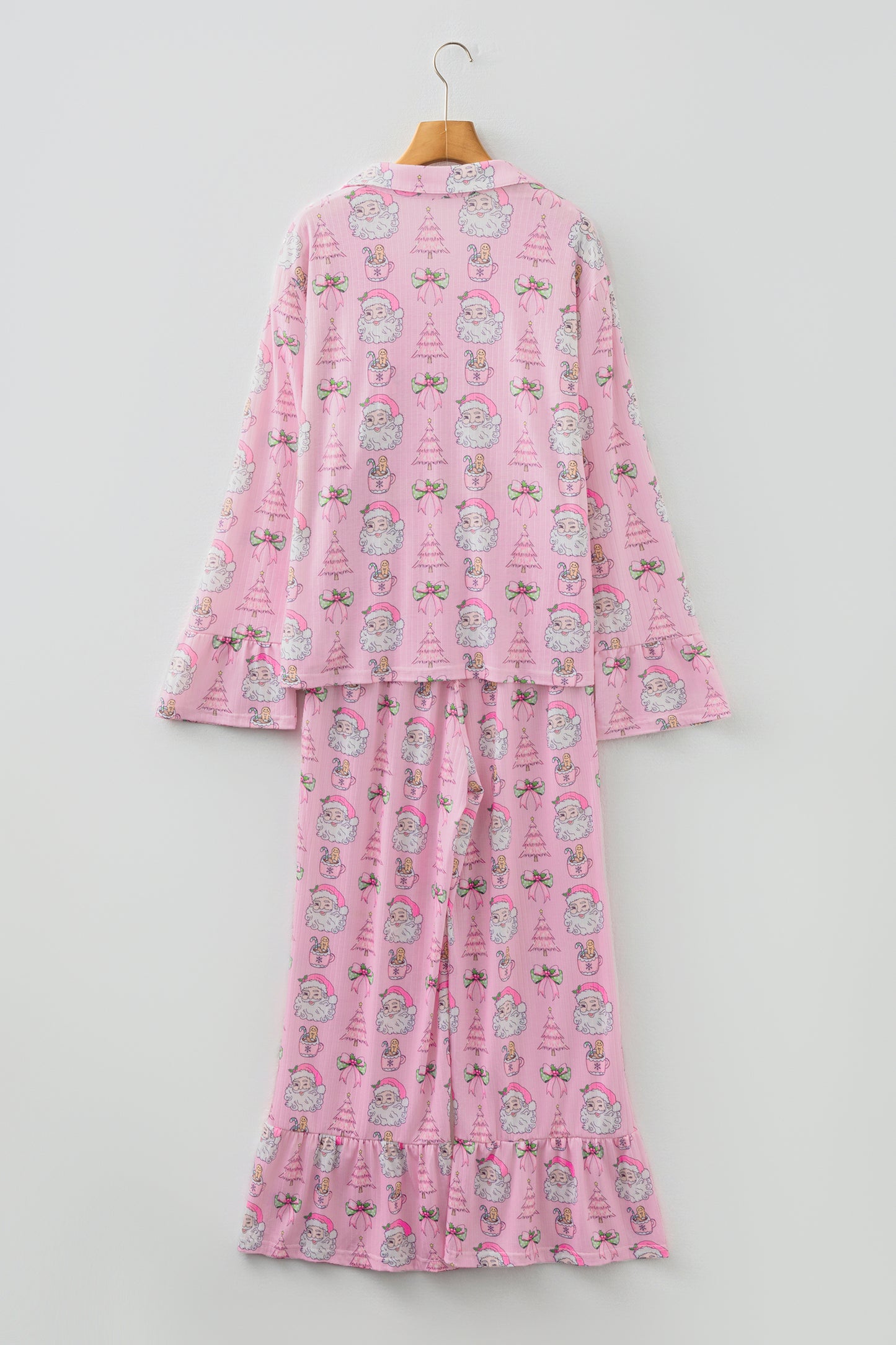 Pink Christmas Print Ruffled Ribbed Shirt & Pants 2 Piece PJ Set-Loungewear & Sleepwear/Sleepwear-[Adult]-[Female]-2022 Online Blue Zone Planet