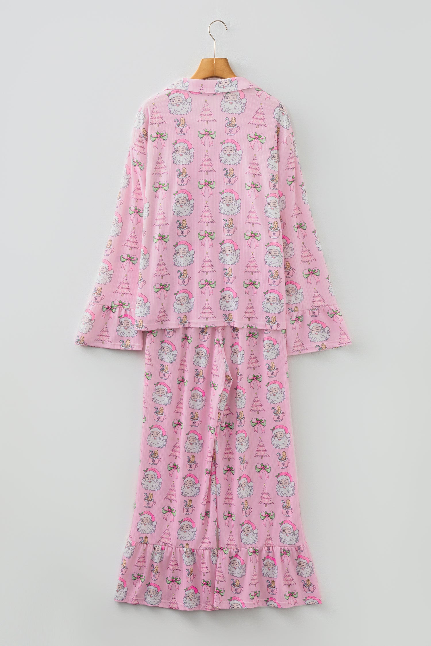 Pink Christmas Print Ruffled Ribbed Shirt & Pants 2 Piece PJ Set-Loungewear & Sleepwear/Sleepwear-[Adult]-[Female]-2022 Online Blue Zone Planet