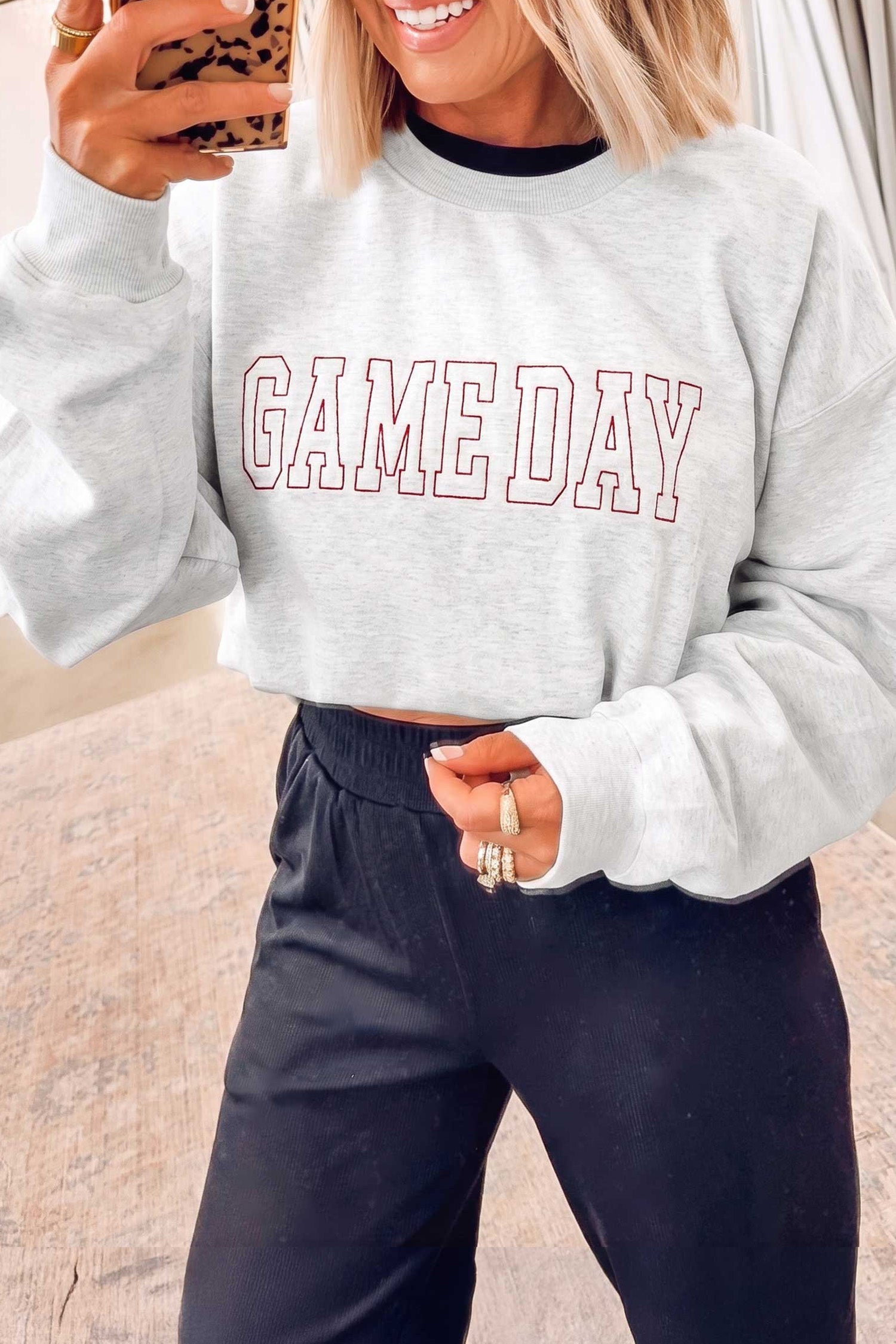 Light Grey Game Day Letter Embroidery Long Sleeve Round Neck Sweatshirt-Tops/Sweatshirts & Hoodies-[Adult]-[Female]-2022 Online Blue Zone Planet