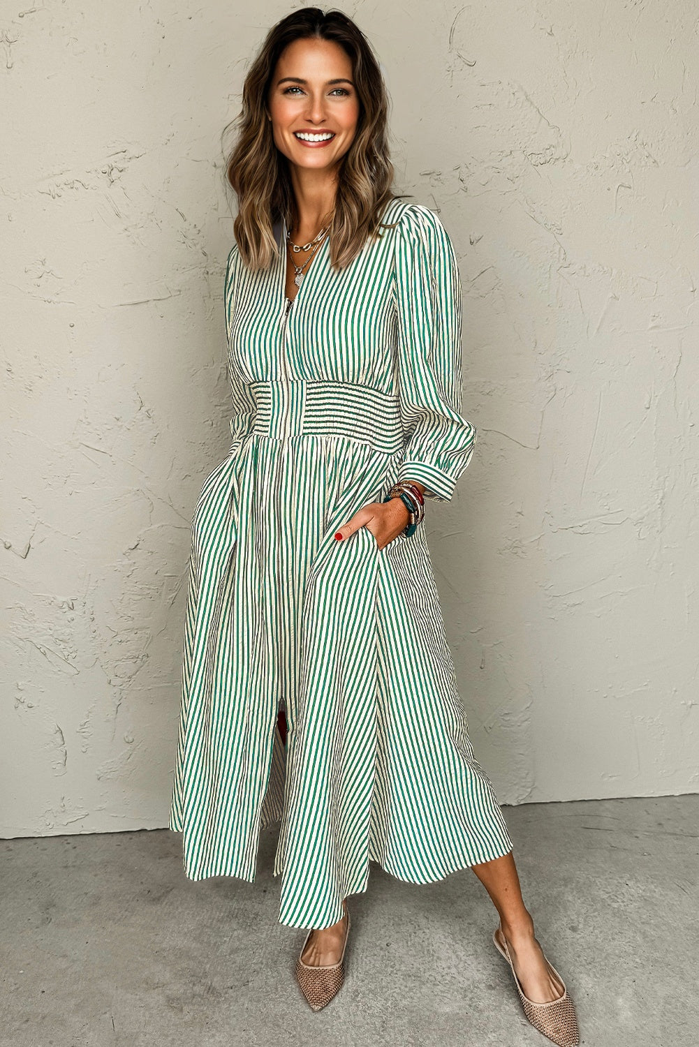 Green Stripe V Neck Zip Front Cinched High Waist Midi Dress-TOPS / DRESSES-[Adult]-[Female]-2022 Online Blue Zone Planet