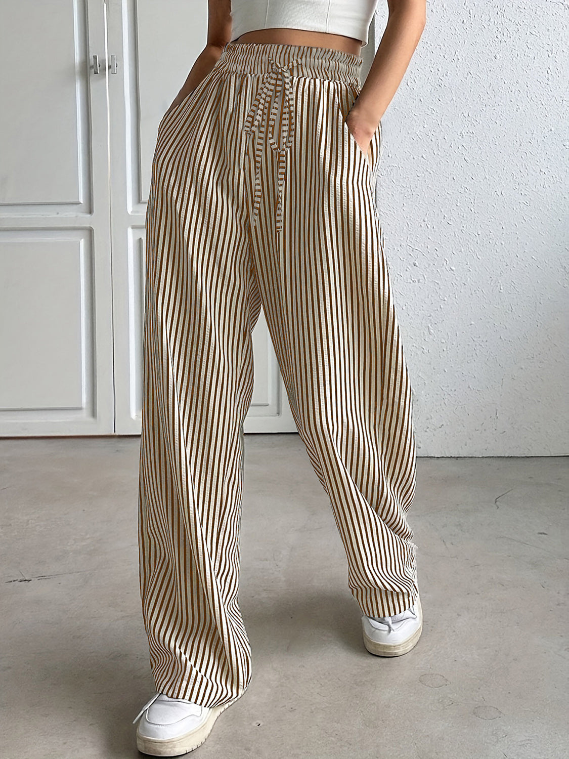 Drawstring Striped Elastic Waist Pants-BOTTOMS SIZES SMALL MEDIUM LARGE-[Adult]-[Female]-Tan-S-2022 Online Blue Zone Planet