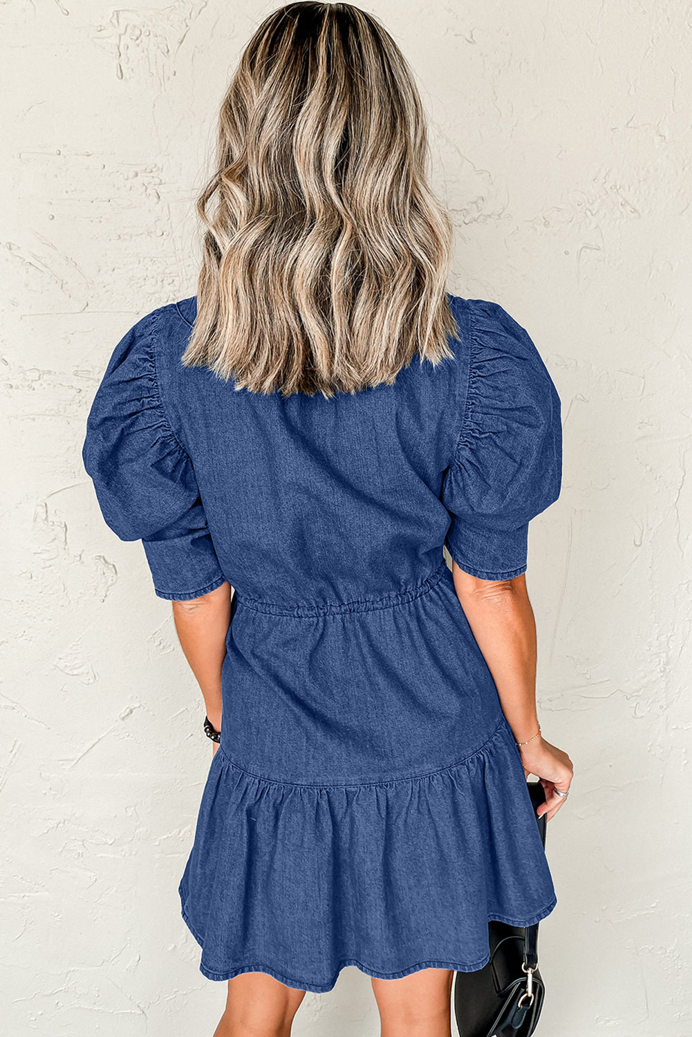 Blue Drawstring High Waist Puff Sleeve Denim Mini Dress-Dresses/Mini Dresses-[Adult]-[Female]-2022 Online Blue Zone Planet