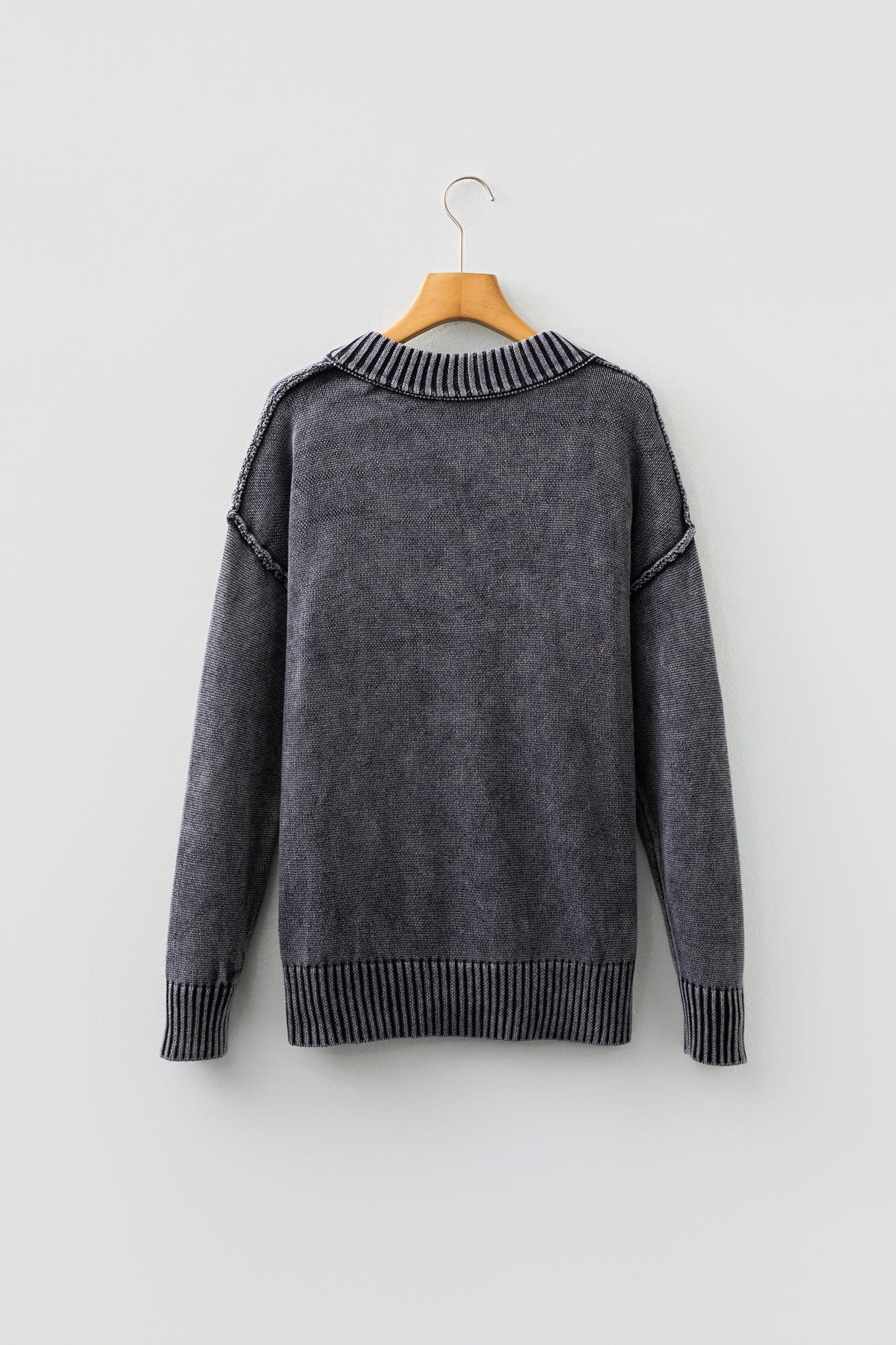 Black Mineral Wash V Neck Knit Exposed Seam Drop Shoulder Loose Sweater-TOPS / DRESSES-[Adult]-[Female]-2022 Online Blue Zone Planet