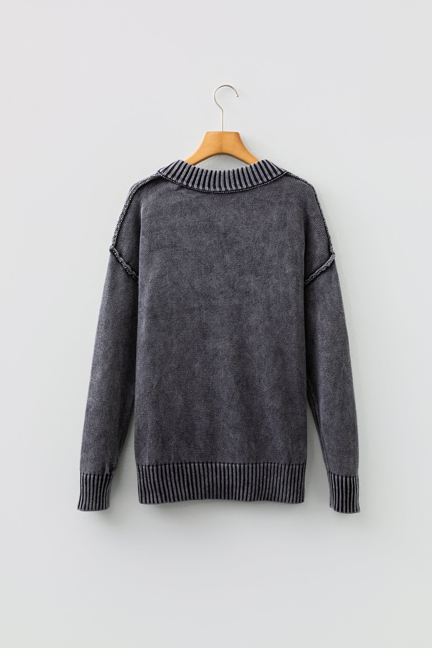 Black Mineral Wash V Neck Knit Exposed Seam Drop Shoulder Loose Sweater-TOPS / DRESSES-[Adult]-[Female]-2022 Online Blue Zone Planet