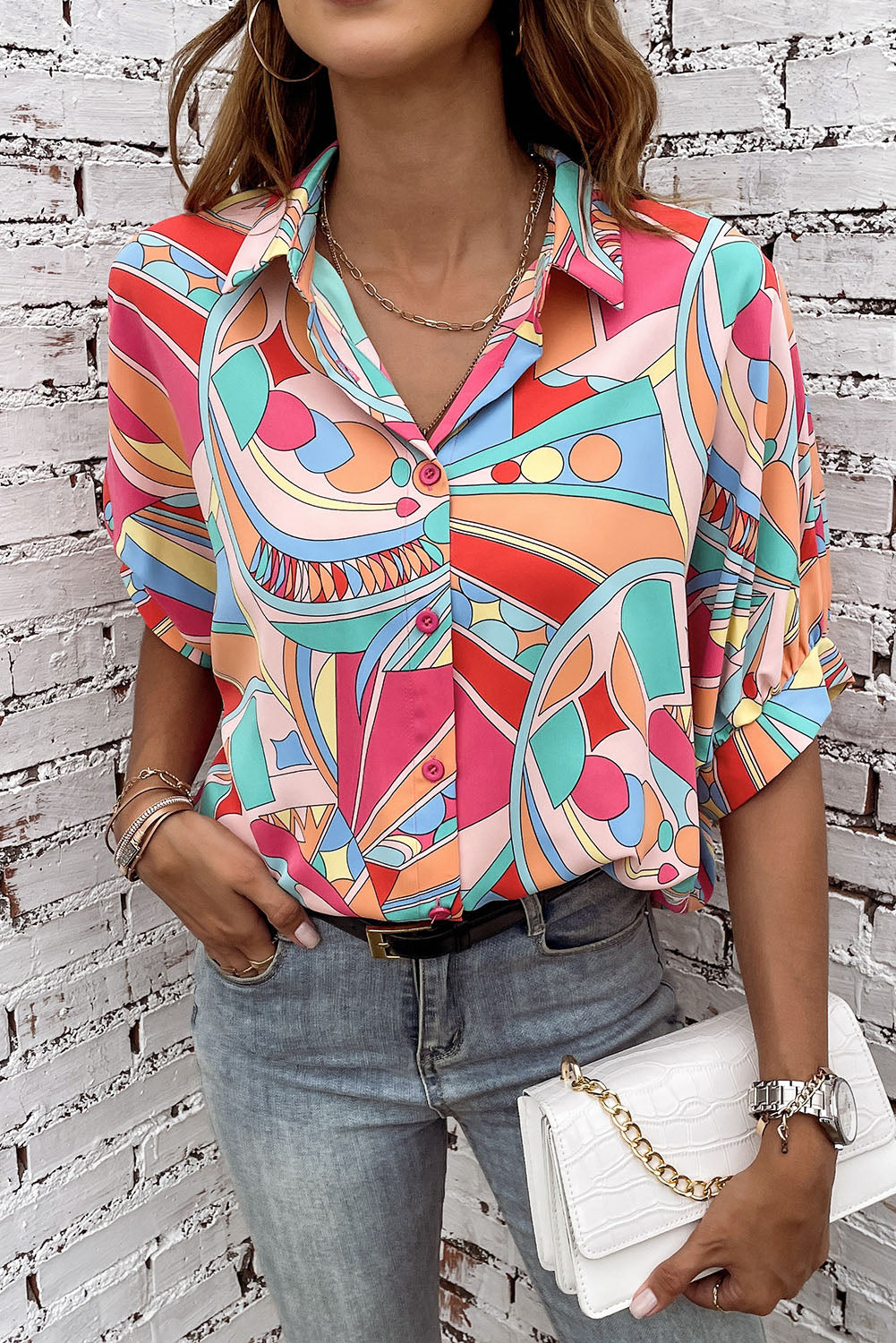 Multicolor Abstract Geometry Print Half Puff Sleeve Loose Shirt-Sale (50% OFF)/50% OFF-[Adult]-[Female]-2022 Online Blue Zone Planet