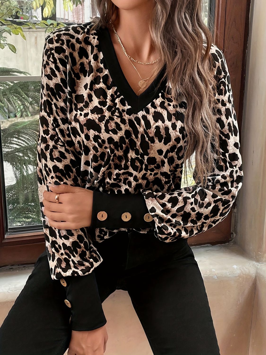 Blue Zone Planet | Decorative Button Leopard V-Neck Long Sleeve T-Shirt-TOPS / DRESSES-[Adult]-[Female]-2022 Online Blue Zone Planet