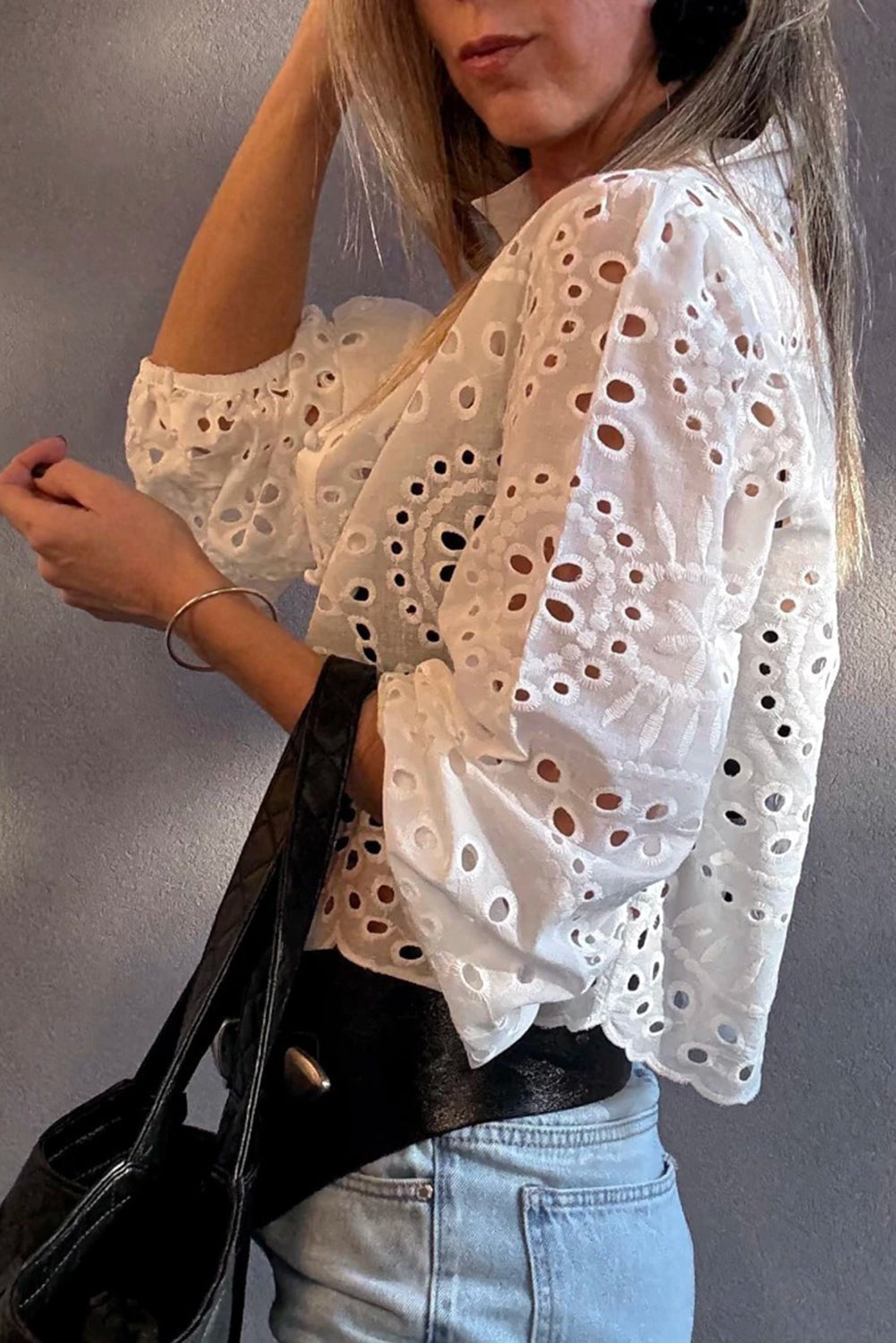 White Eyelet Embroidered Puff Sleeve Crop Shirt-Tops/Blouses & Shirts-[Adult]-[Female]-2022 Online Blue Zone Planet