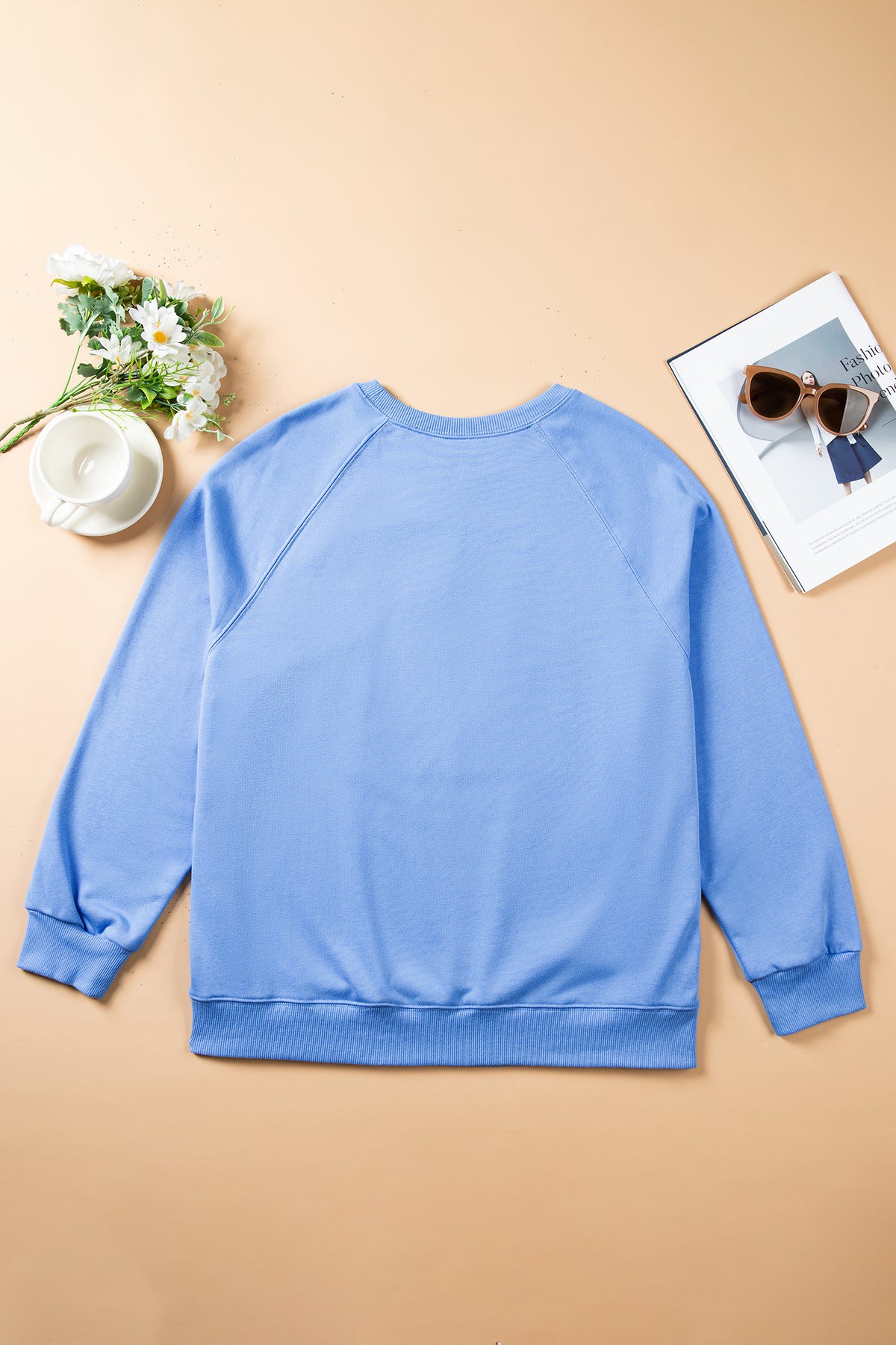 Dusk Blue Floral Letter Print Loose Fit Long Sleeve Round Neck Plus Size Sweatshirt