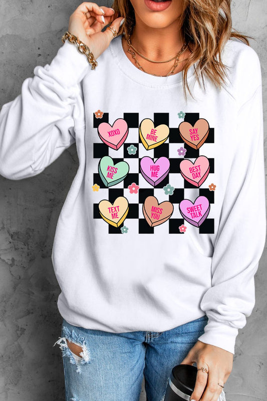 Blue Zone Planet | Valentine's Day Checkered Heart Long Sleeve Sweatshirt-TOPS / DRESSES-[Adult]-[Female]-White-S-2022 Online Blue Zone Planet