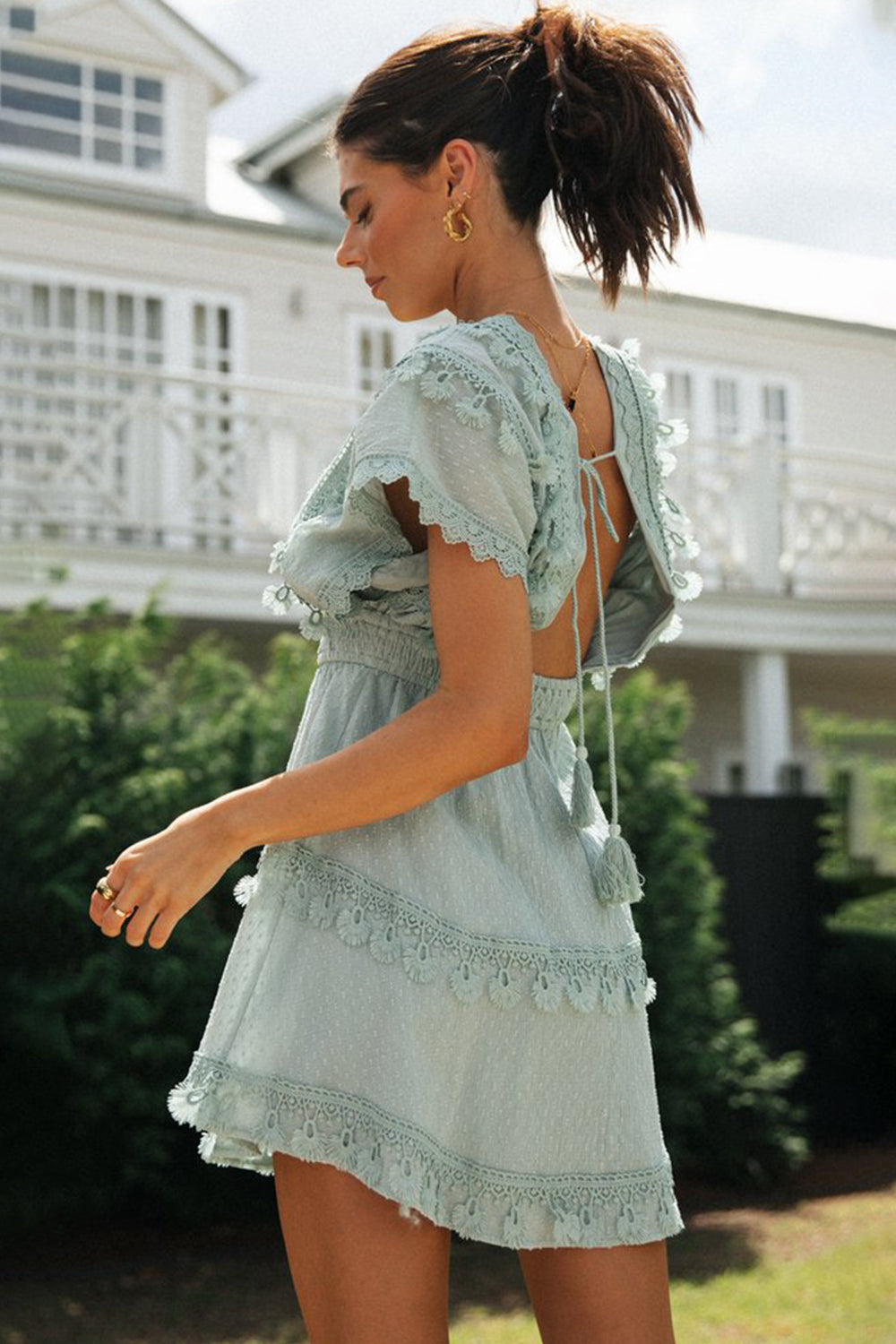 blue lace plunge dress Lace & Beads Puff Sleeve Plunge Mini Dress in Navy