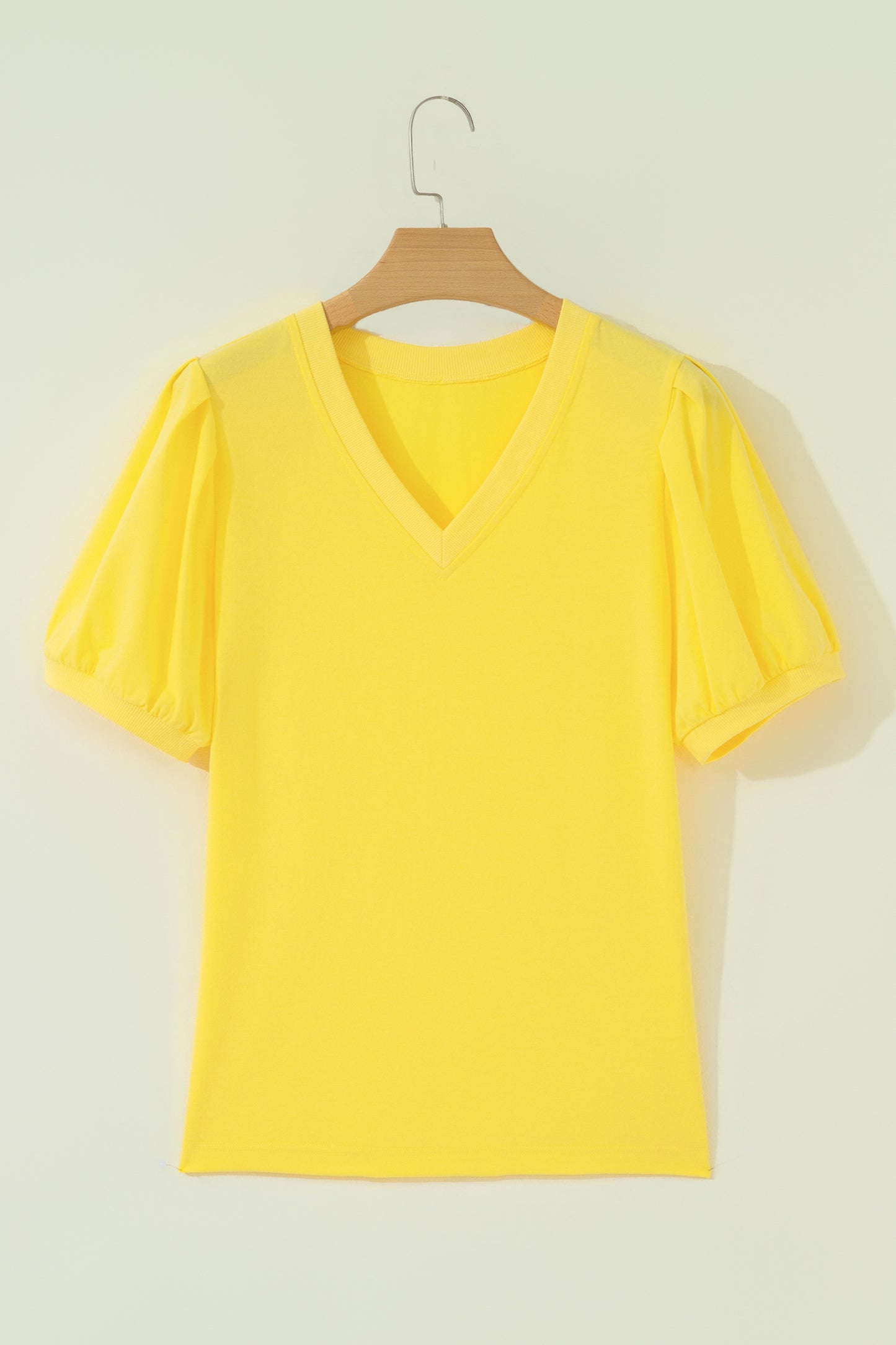 Yellow Solid Color V Neck Short Puff Sleeve Blouse-Tops/Blouses & Shirts-[Adult]-[Female]-2022 Online Blue Zone Planet