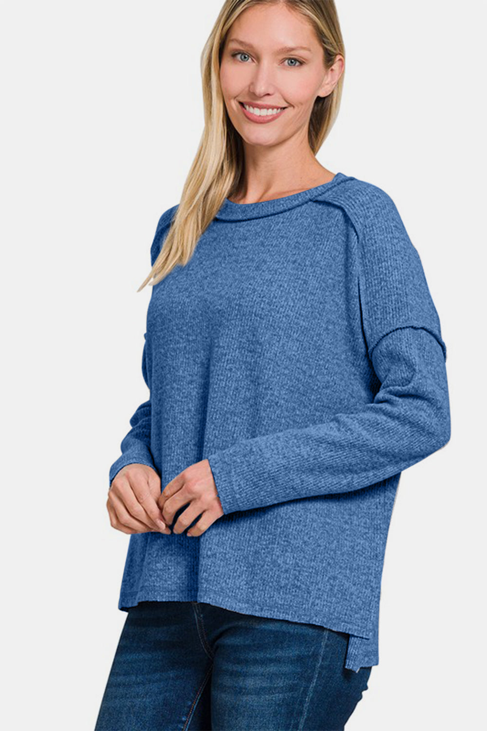 Blue Zone Planet | Zenana Full Size Exposed Seam Brushed Round Neck Sweater-TOPS / DRESSES-[Adult]-[Female]-2022 Online Blue Zone Planet