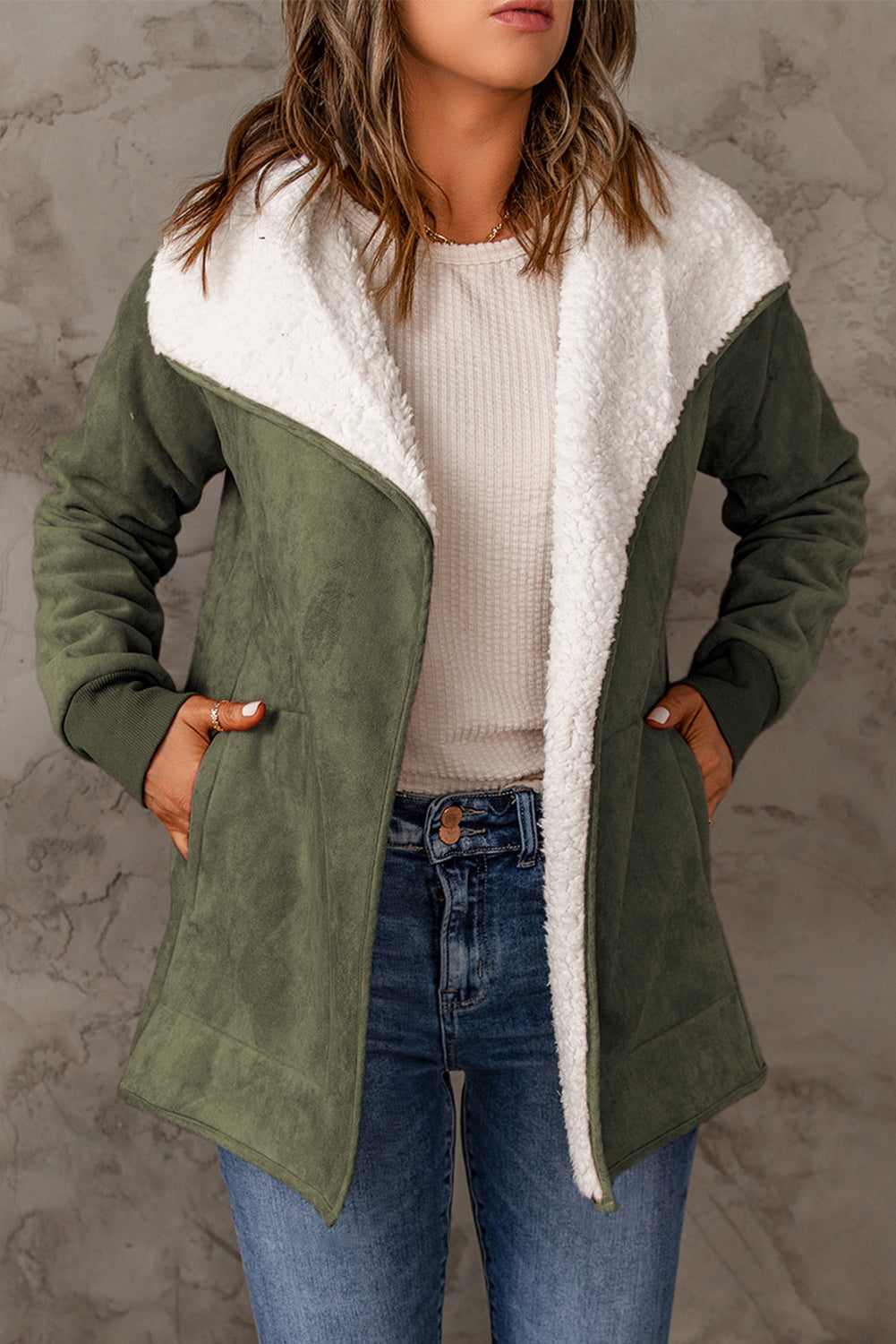 Green Faux Suede Fleece Lined Open Front Jacket-Outerwear/Jackets-[Adult]-[Female]-Green-S-2022 Online Blue Zone Planet