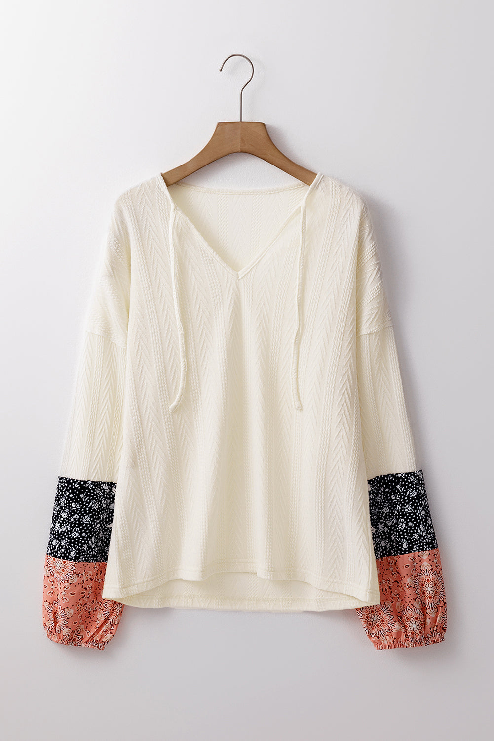Blue Zone Planet | Dusty Pink Floral Patchwork Textured Knit Drawstring V Neck Blouse-Tops/Blouses & Shirts-[Adult]-[Female]-2022 Online Blue Zone Planet