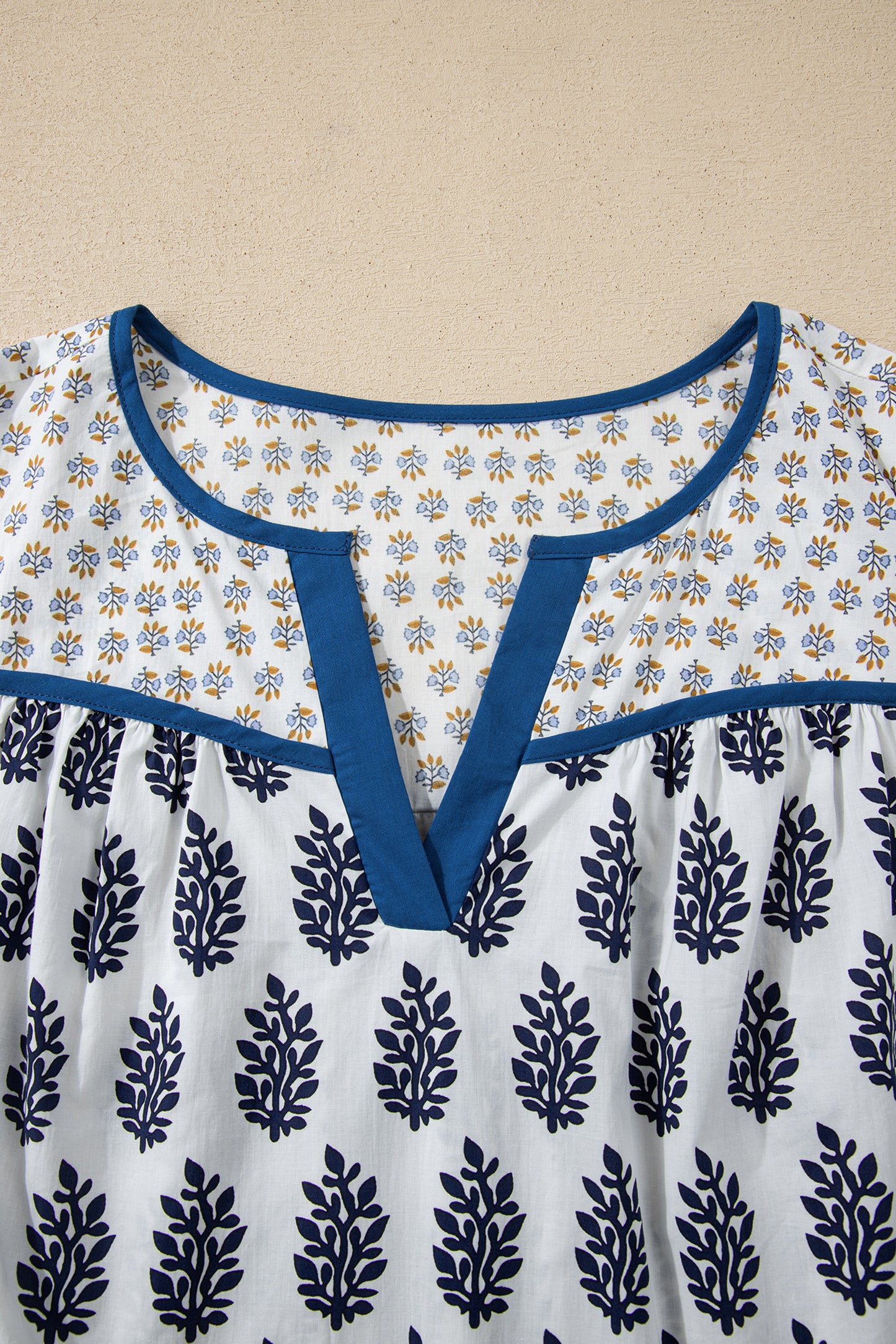 White Plus Size Boho Floral Print Contrast Trim Split Neck Puff Sleeve Patchwork Blouse-Plus Size/Plus Size Tops/Plus Size Blouses & Shirts-[Adult]-[Female]-2022 Online Blue Zone Planet