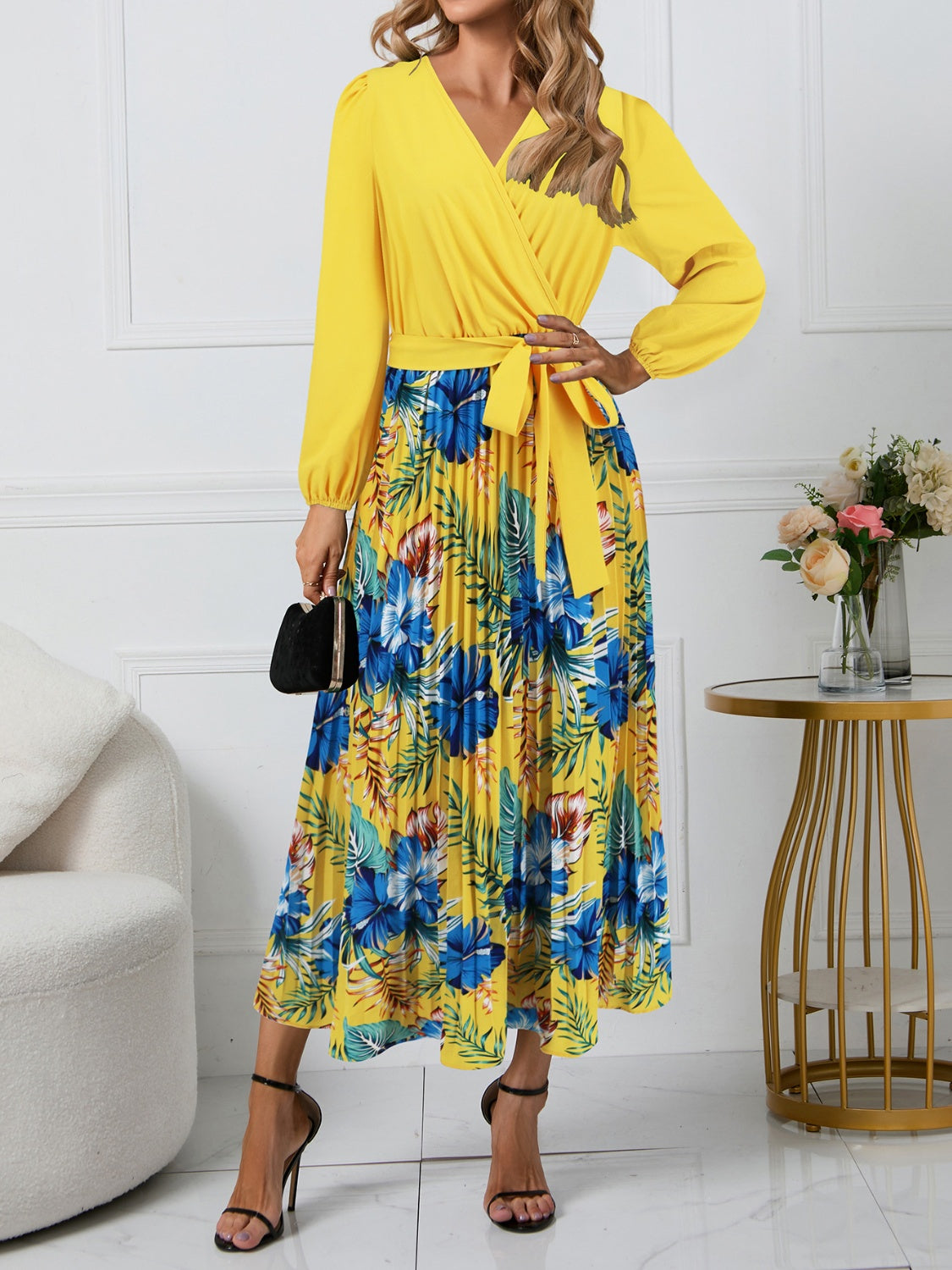 Pleated Printed Surplice Long Sleeve Dress-TOPS / DRESSES-[Adult]-[Female]-Yellow-S-2022 Online Blue Zone Planet