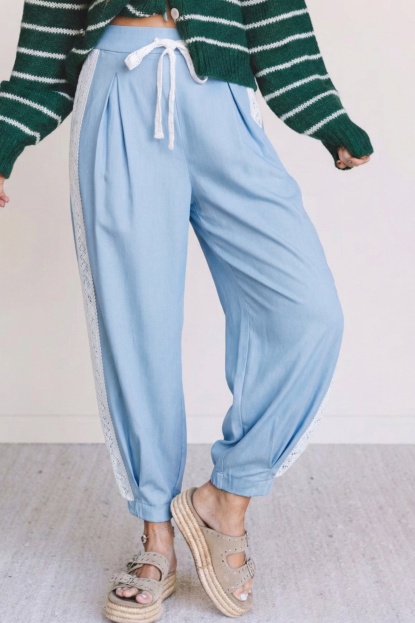 Beau Blue Lace Accent Floral Patched Pocket Pleated Wide Leg Slouchy Pants-Bottoms/Pants & Culotte-[Adult]-[Female]-Beau Blue-S-2022 Online Blue Zone Planet