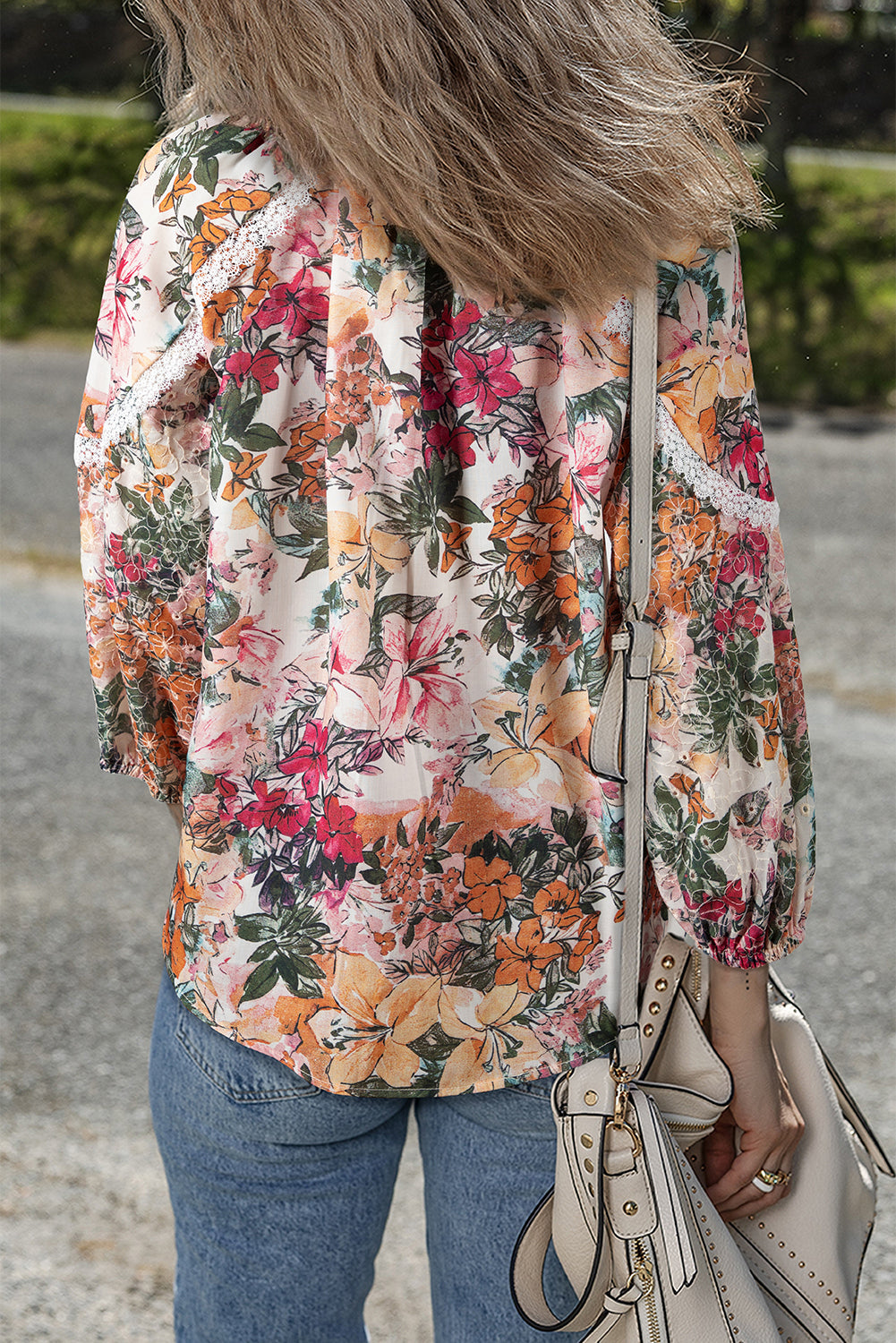 Pink Floral Print Lace Embroidery Tie Split Neck Long Sleeve Blouse-Tops/Blouses & Shirts-[Adult]-[Female]-2022 Online Blue Zone Planet
